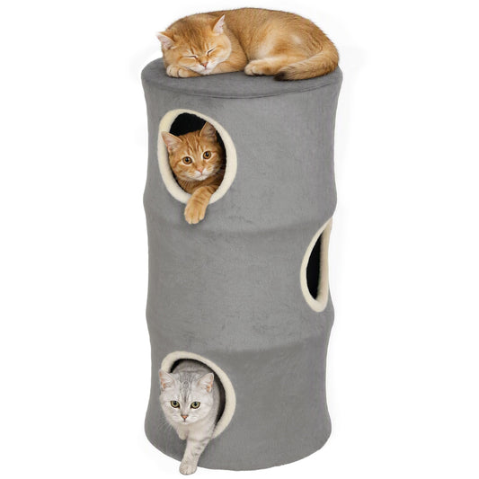 Cat House for Indoor Kittens, Cat Condo with Removable Washable Cover, Modern Barrel-Shaped Kitty Cave Bed, Stable Multi-Level Kitten Hideaway for Play & Rest, 40 x 40 x 80 cm, Grey