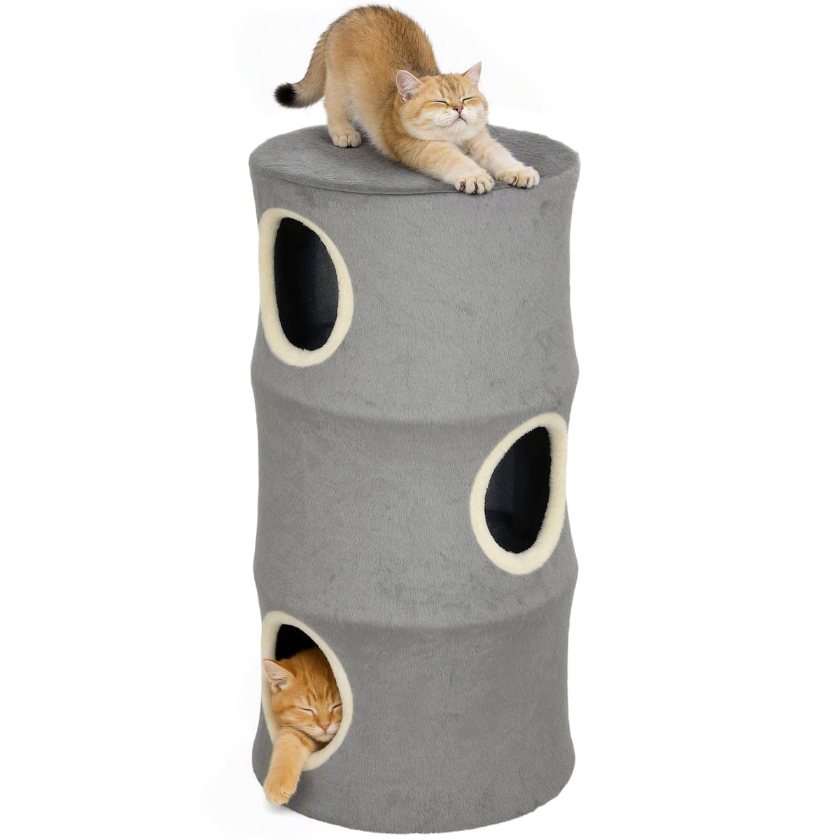 Cat House for Indoor Kittens, Cat Condo with Removable Washable Cover, Modern Barrel-Shaped Kitty Cave Bed, Stable Multi-Level Kitten Hideaway for Play & Rest, 40 x 40 x 80 cm, Grey