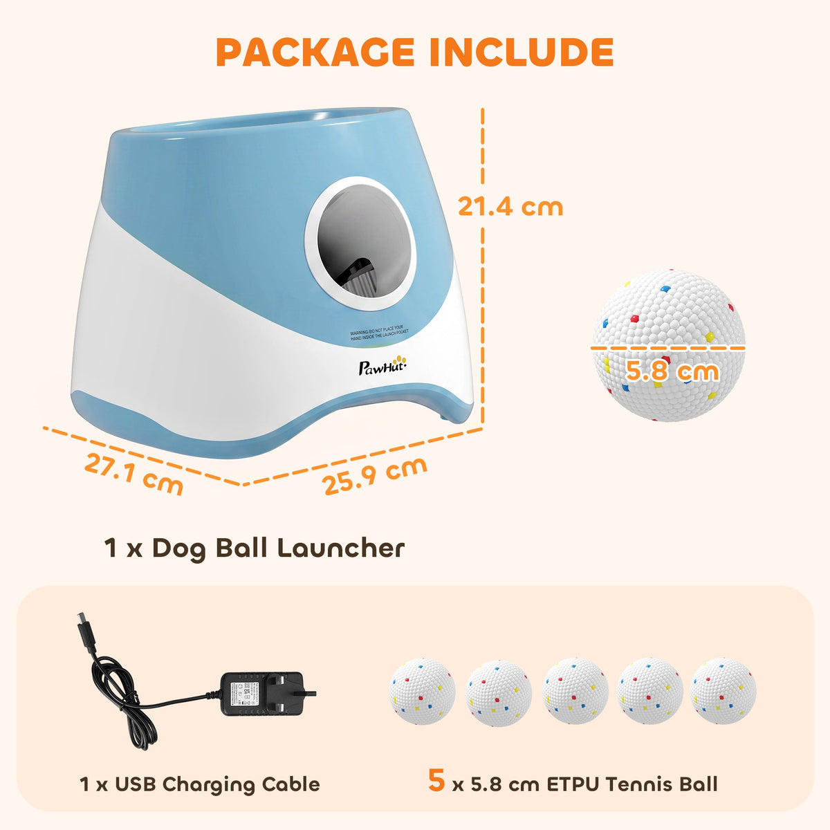 Automatic Dog Ball Launcher with 5 ETPU Balls, Dog Ball Thrower with 3 Distance Settings (6/10/14 m), Indoor Outdoor Interactive Toy for Small Medium Dogs, Blue