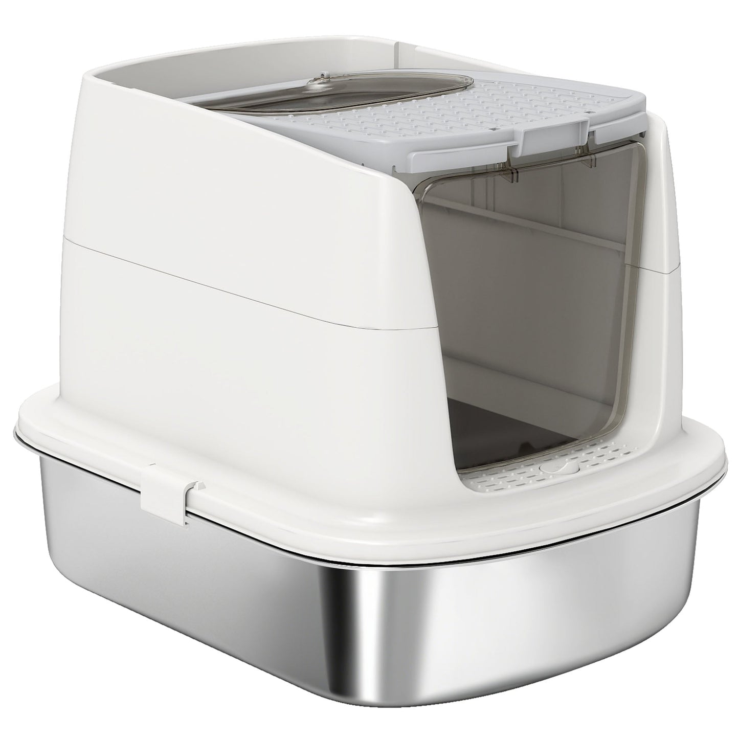 Stainless Steel Litter Box with Lid, Large Hooded Cat Litter Tray with Flip Cover, Metal Scoop, Deodoriser Bag, Non-Sticky, Odour Control and Easy Clean, White