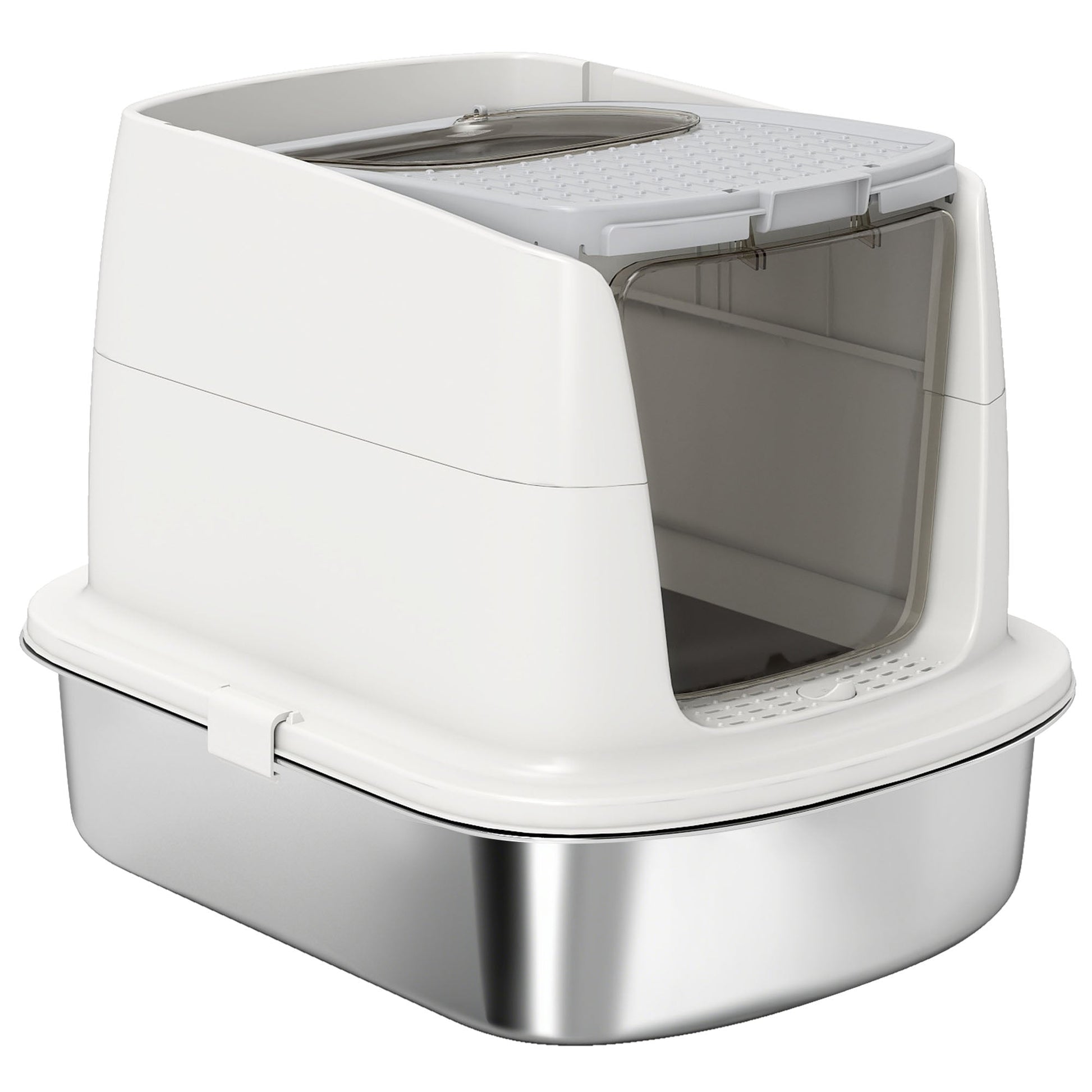 Stainless Steel Litter Box with Lid, Large Hooded Cat Litter Tray with Flip Cover, Metal Scoop, Deodoriser Bag, Non-Sticky, Odour Control and Easy Clean, White