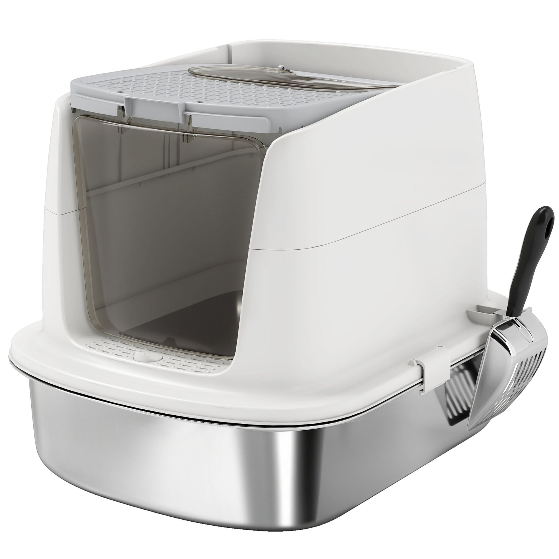 Stainless Steel Litter Box with Lid, Large Hooded Cat Litter Tray with Flip Cover, Metal Scoop, Deodoriser Bag, Non-Sticky, Odour Control and Easy Clean, White