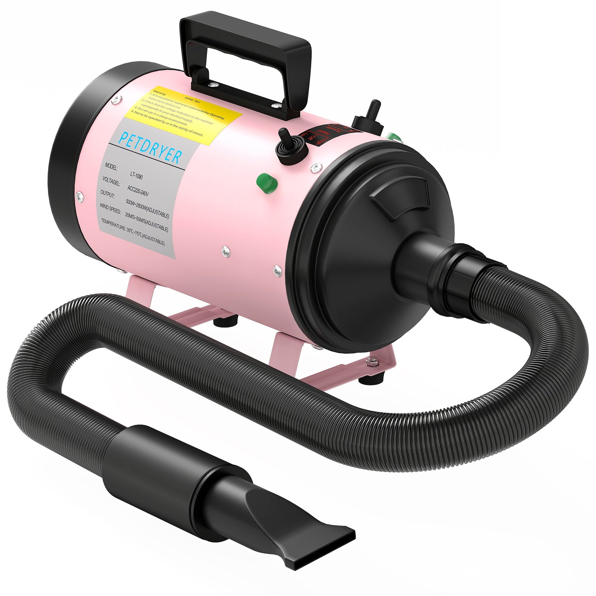 Dog Hair Dryer, 2200W Pet Grooming Hair Dryer with Adjustable Temperature & Velocity, Professional Low Noise Dog Blaster with 3 Different Nozzles, Pink