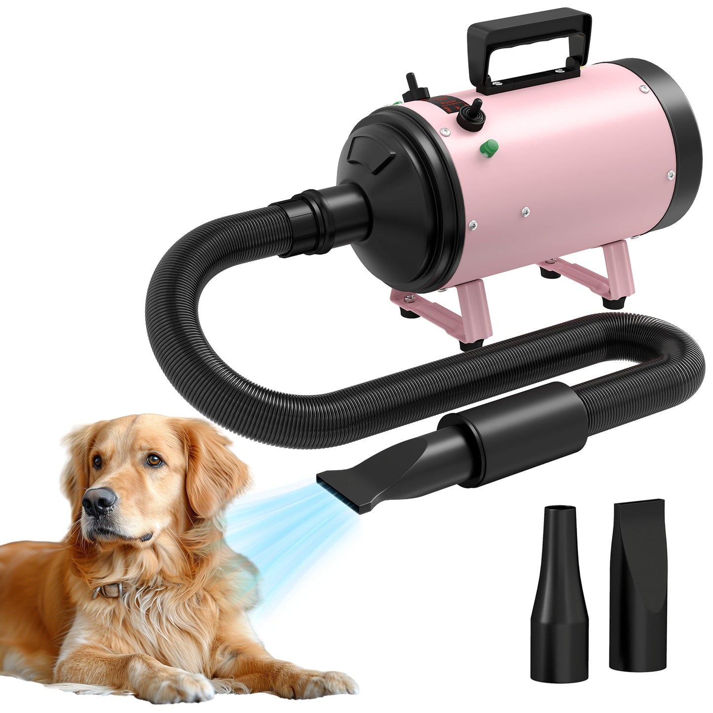 Dog Hair Dryer, 2200W Pet Grooming Hair Dryer with Adjustable Temperature & Velocity, Professional Low Noise Dog Blaster with 3 Different Nozzles, Pink