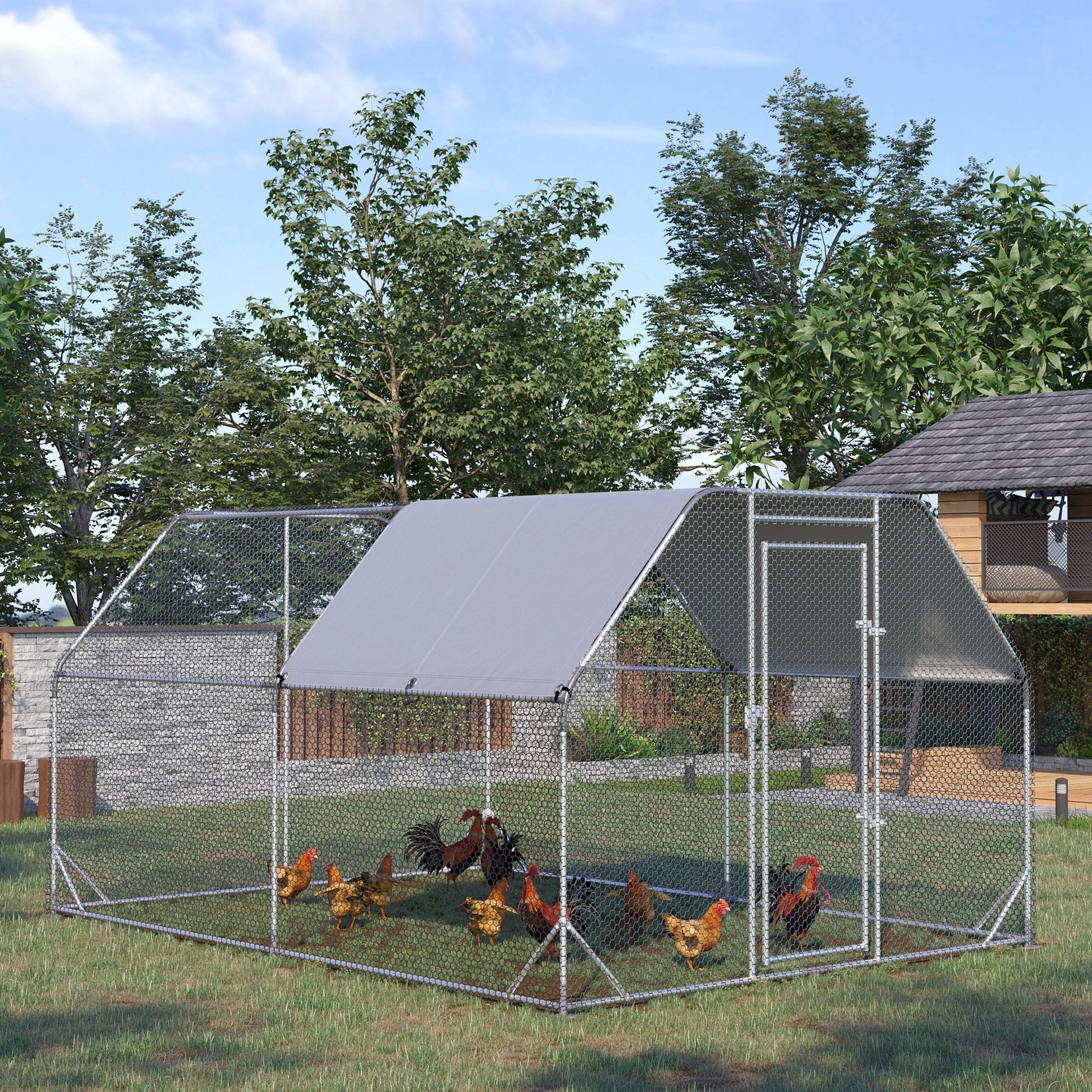 Walk in Chicken Run Chicken Coop Hen House Outdoor with Roof for 10-12 Chickens, 380 x 280 x 195cm