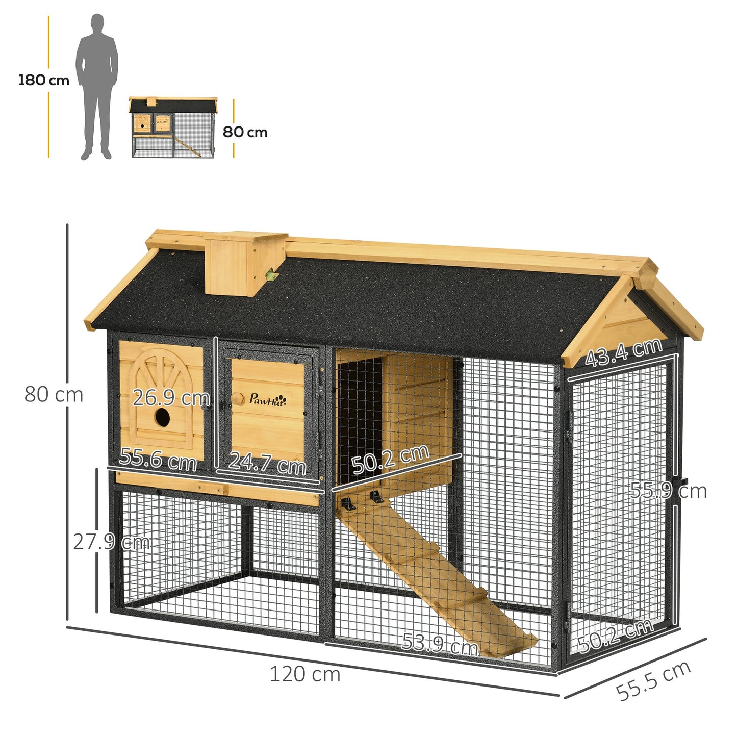 2 Tiers Rabbit Hutch and Run, Guinea Pig Hutch Outdoor with Sliding Tray, Ramp, for 1-2 Rabbits
