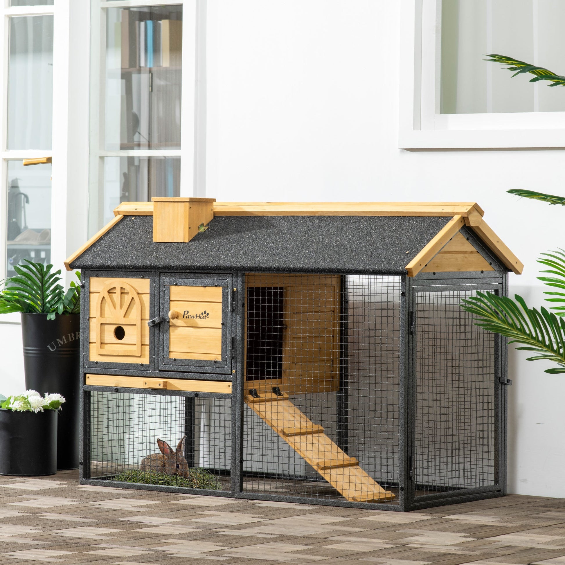 2 Tiers Rabbit Hutch and Run, Guinea Pig Hutch Outdoor with Sliding Tray, Ramp, for 1-2 Rabbits