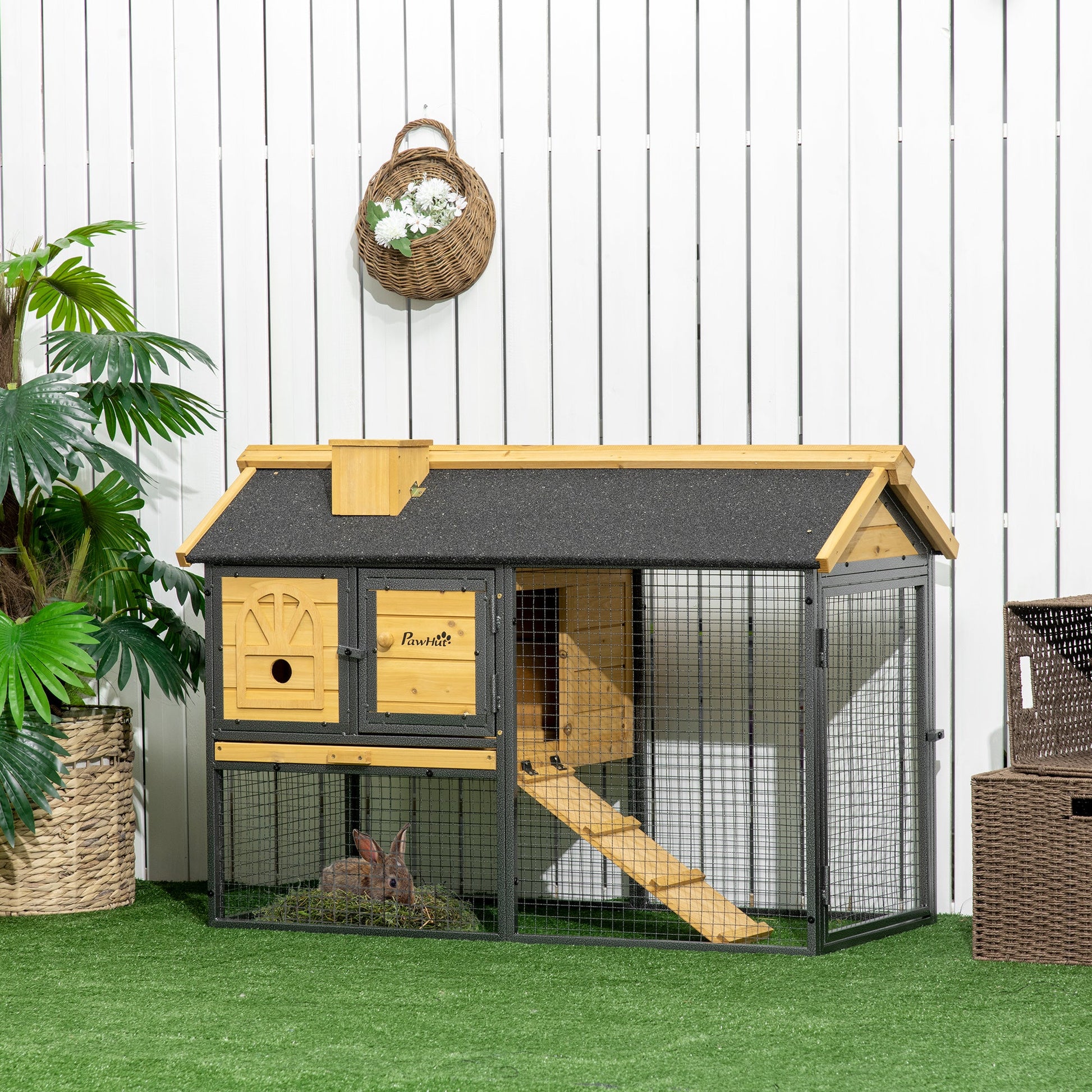 2 Tiers Rabbit Hutch and Run, Guinea Pig Hutch Outdoor with Sliding Tray, Ramp, for 1-2 Rabbits