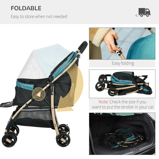 Dog Stroller with Rain Cover, Foldable Dog Pram, 4 Wheels Pet Pushchair with Safety Leashes, for Small, Miniature Dogs, Cats - Dark Green