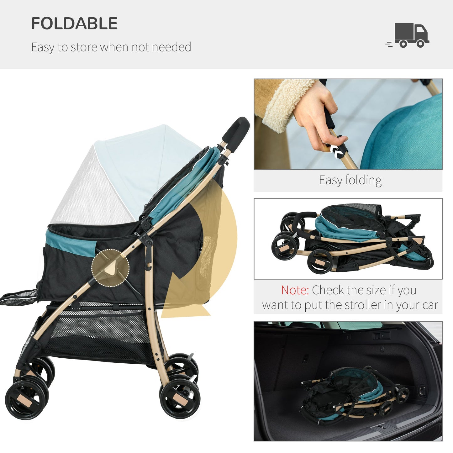 Dog Stroller with Rain Cover, Foldable Dog Pram, 4 Wheels Pet Pushchair with Safety Leashes, for Small, Miniature Dogs, Cats - Dark Green