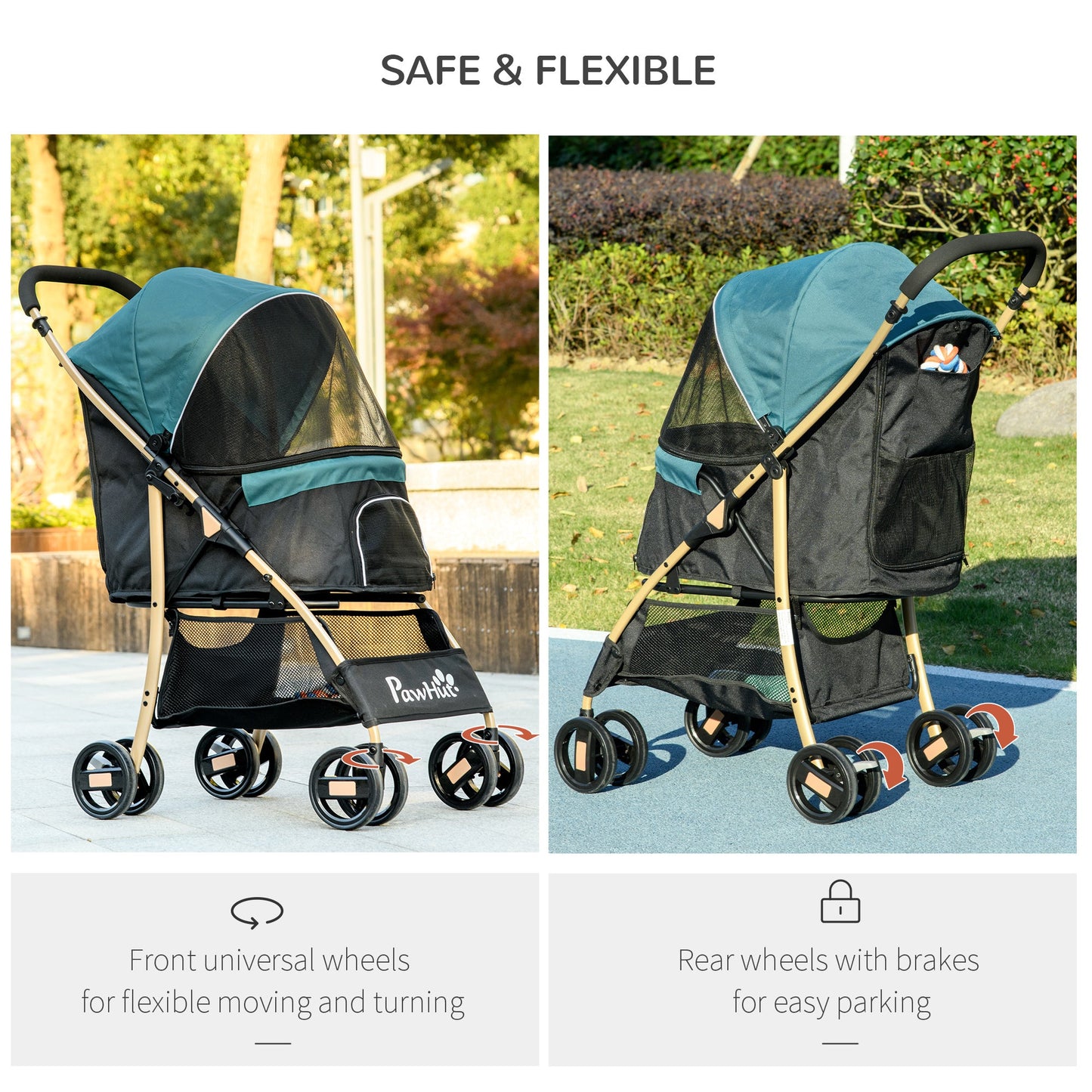 Dog Stroller with Rain Cover, Foldable Dog Pram, 4 Wheels Pet Pushchair with Safety Leashes, for Small, Miniature Dogs, Cats - Dark Green