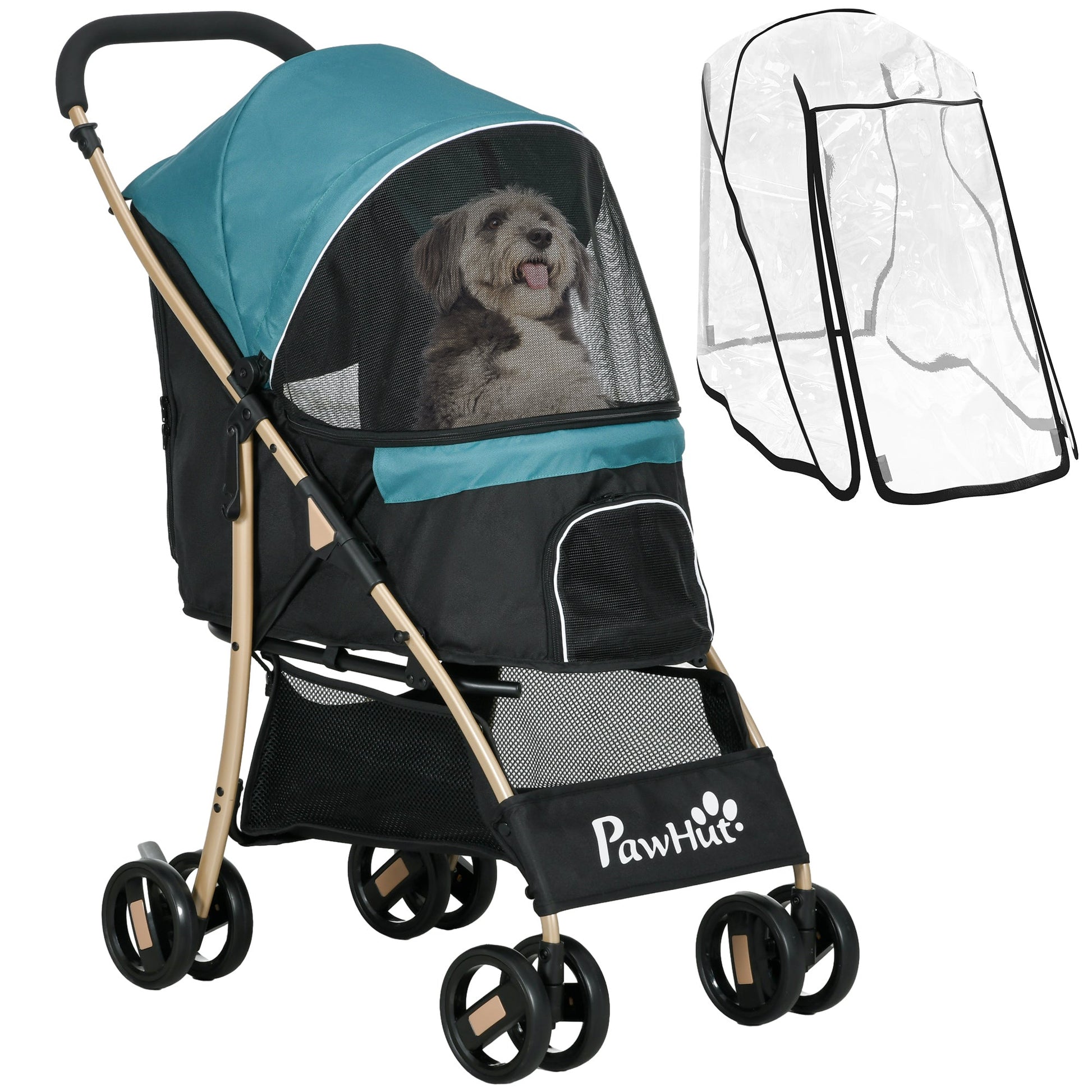 Dog Stroller with Rain Cover, Foldable Dog Pram, 4 Wheels Pet Pushchair with Safety Leashes, for Small, Miniature Dogs, Cats - Dark Green