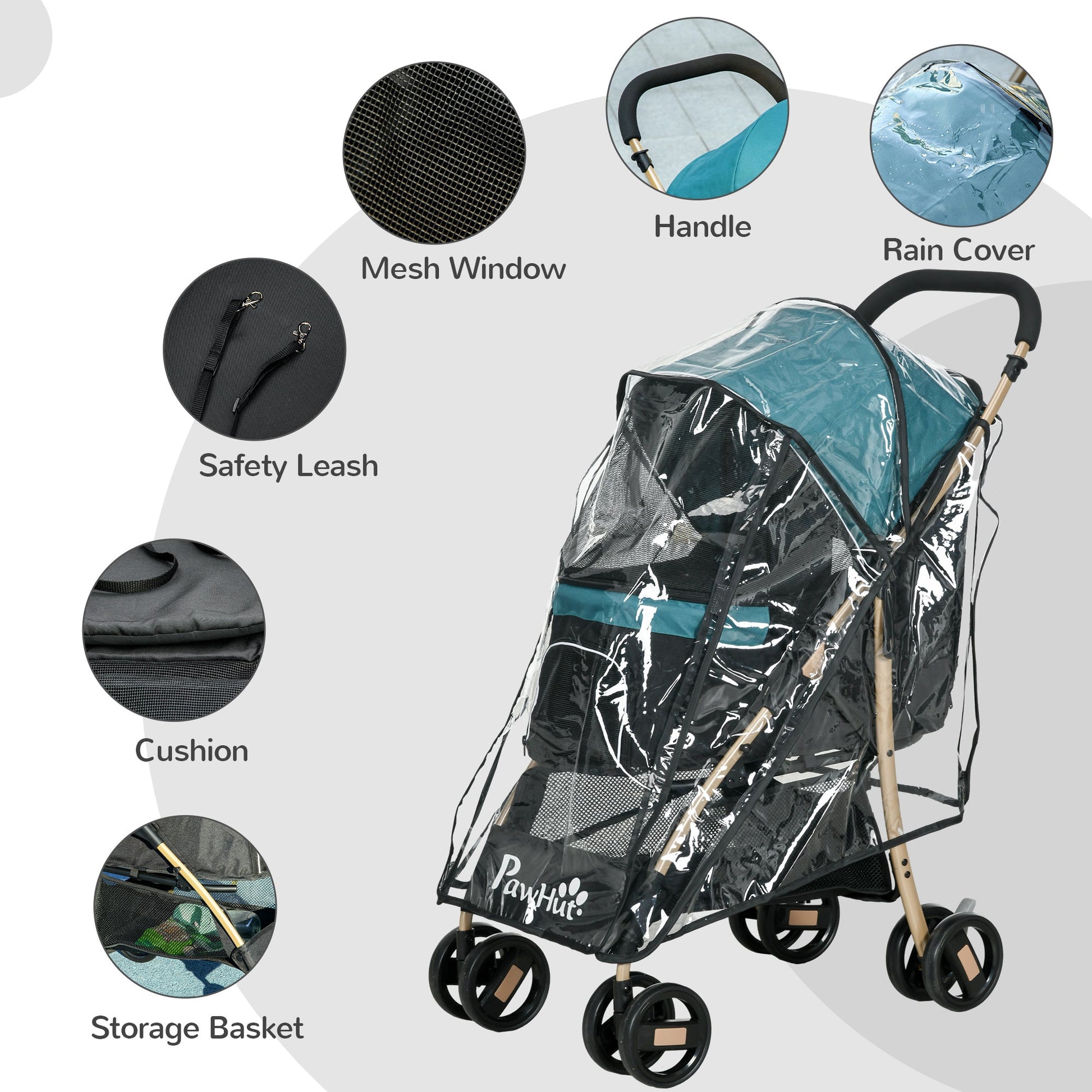 Dog Stroller with Rain Cover, Foldable Dog Pram, 4 Wheels Pet Pushchair with Safety Leashes, for Small, Miniature Dogs, Cats - Dark Green