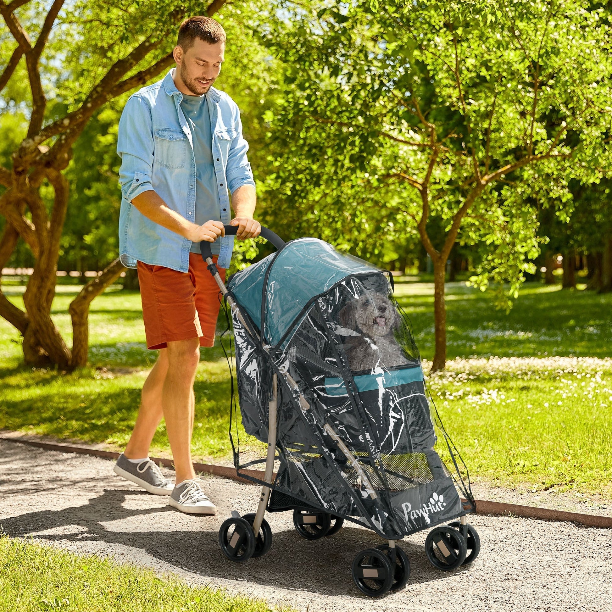 Dog Stroller with Rain Cover, Foldable Dog Pram, 4 Wheels Pet Pushchair with Safety Leashes, for Small, Miniature Dogs, Cats - Dark Green