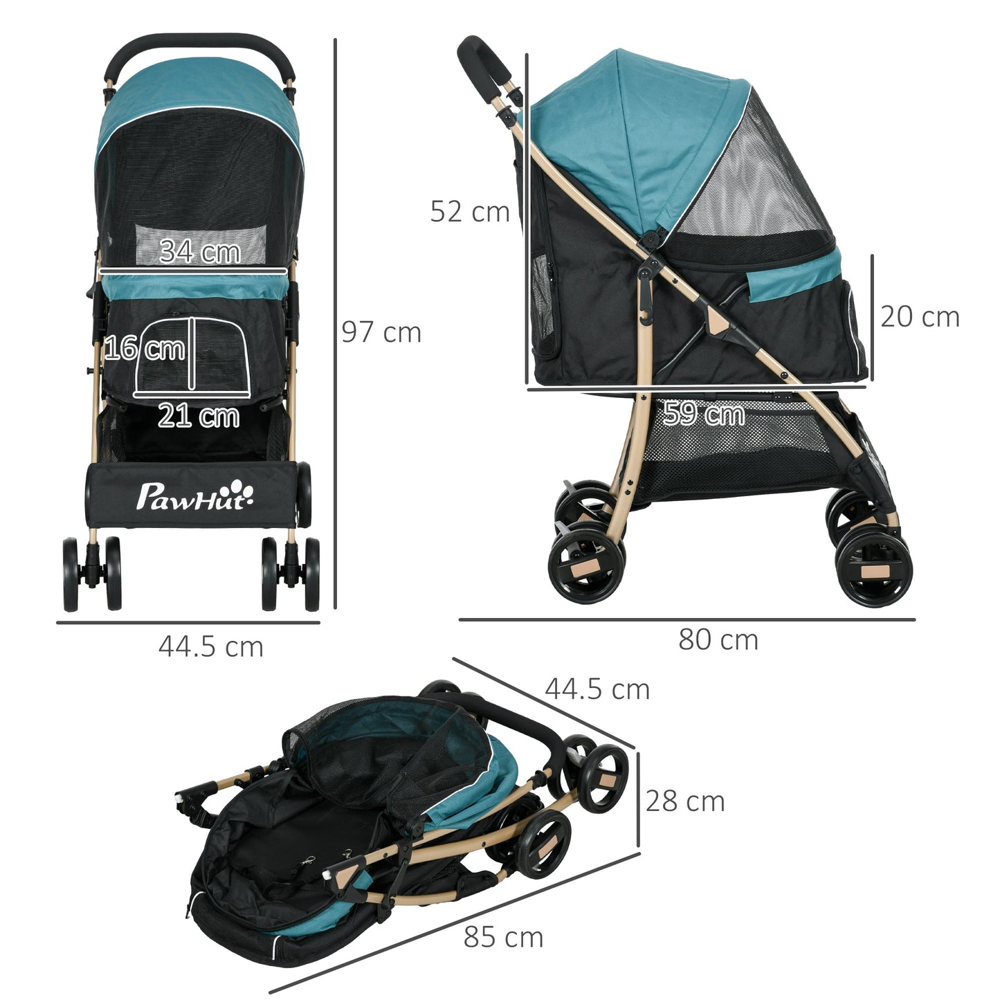 Dog Stroller with Rain Cover, Foldable Dog Pram, 4 Wheels Pet Pushchair with Safety Leashes, for Small, Miniature Dogs, Cats - Dark Green