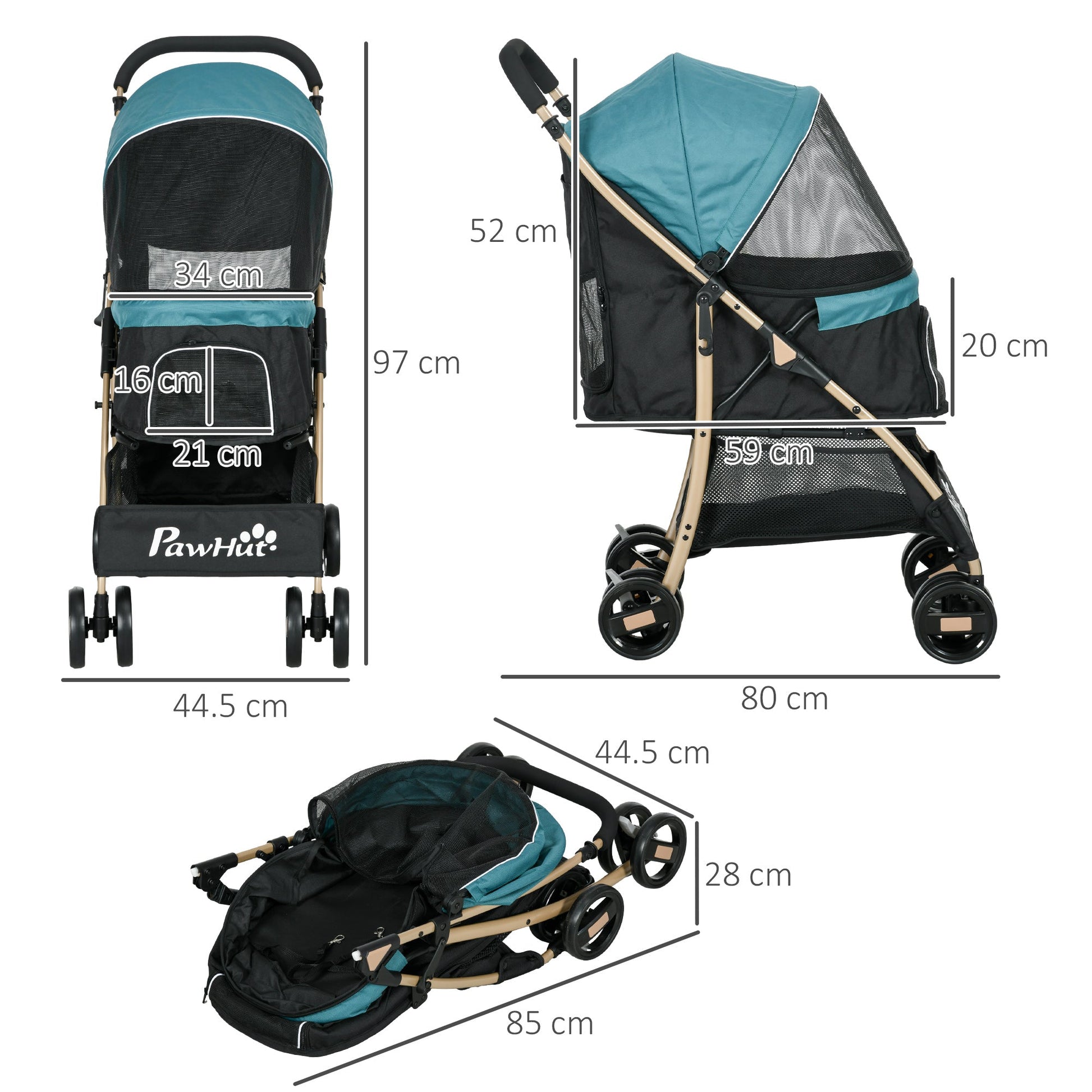 Dog Stroller with Rain Cover, Foldable Dog Pram, 4 Wheels Pet Pushchair with Safety Leashes, for Small, Miniature Dogs, Cats - Dark Green