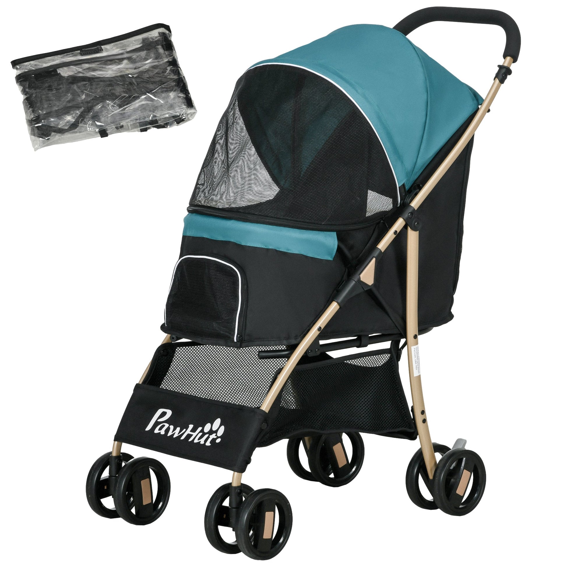 Dog Stroller with Rain Cover, Foldable Dog Pram, 4 Wheels Pet Pushchair with Safety Leashes, for Small, Miniature Dogs, Cats - Dark Green