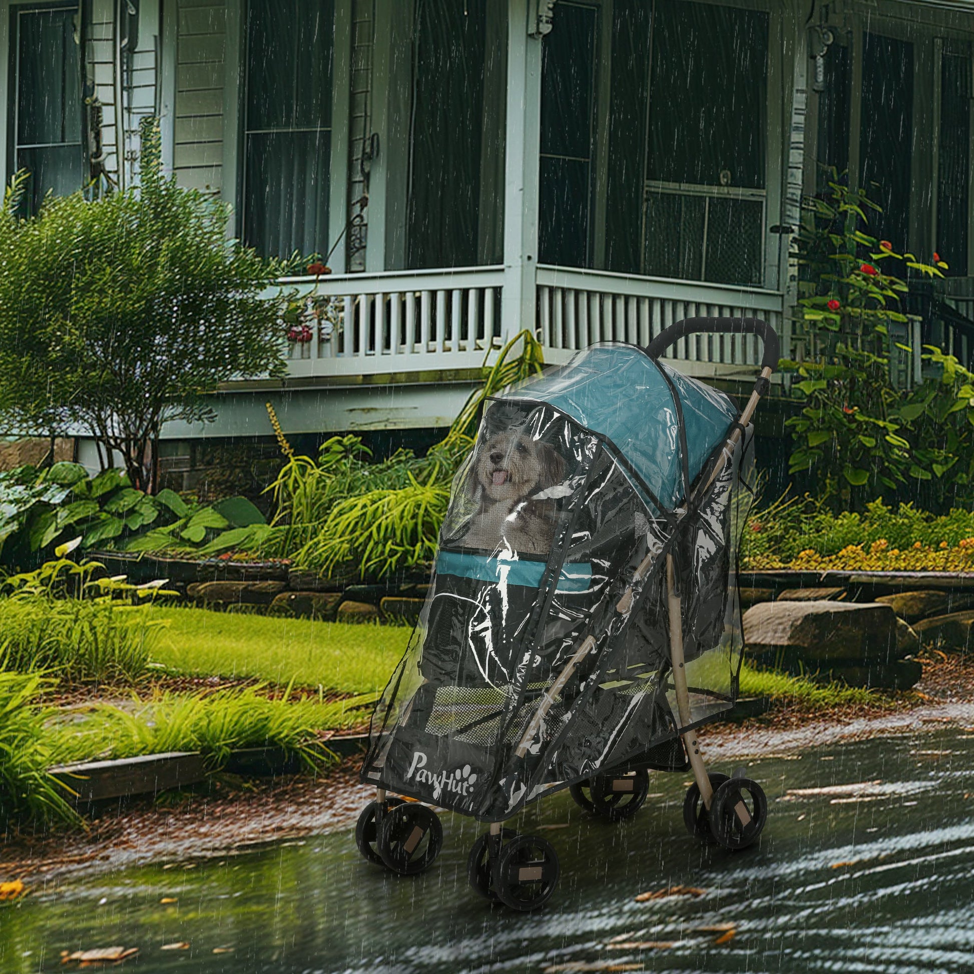 Dog Stroller with Rain Cover, Foldable Dog Pram, 4 Wheels Pet Pushchair with Safety Leashes, for Small, Miniature Dogs, Cats - Dark Green