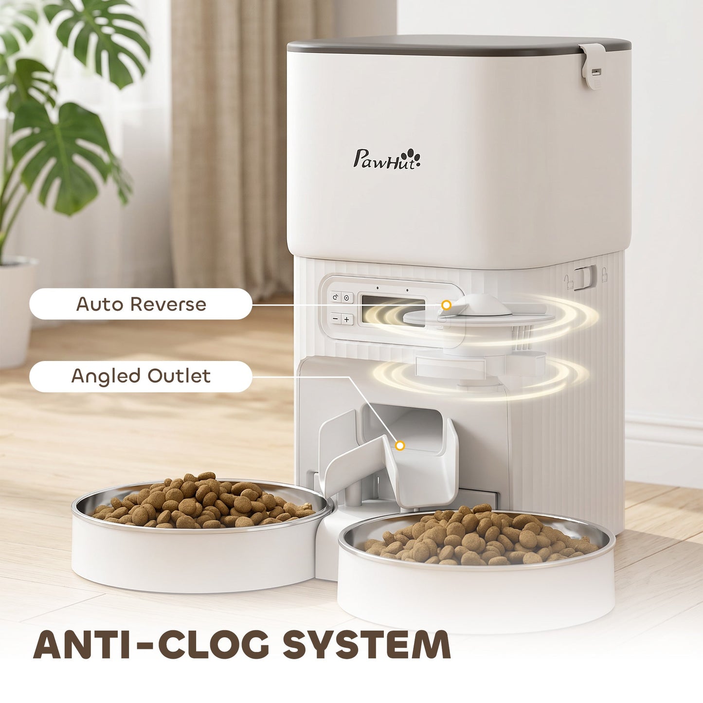 Automatic Cat Feeder with 2 Stainless Steel Bowls, 4L Pet Food Dispenser with Portion Control for 1–6 Meals Daily, Anti-Clogging Design, Dual Power Supply