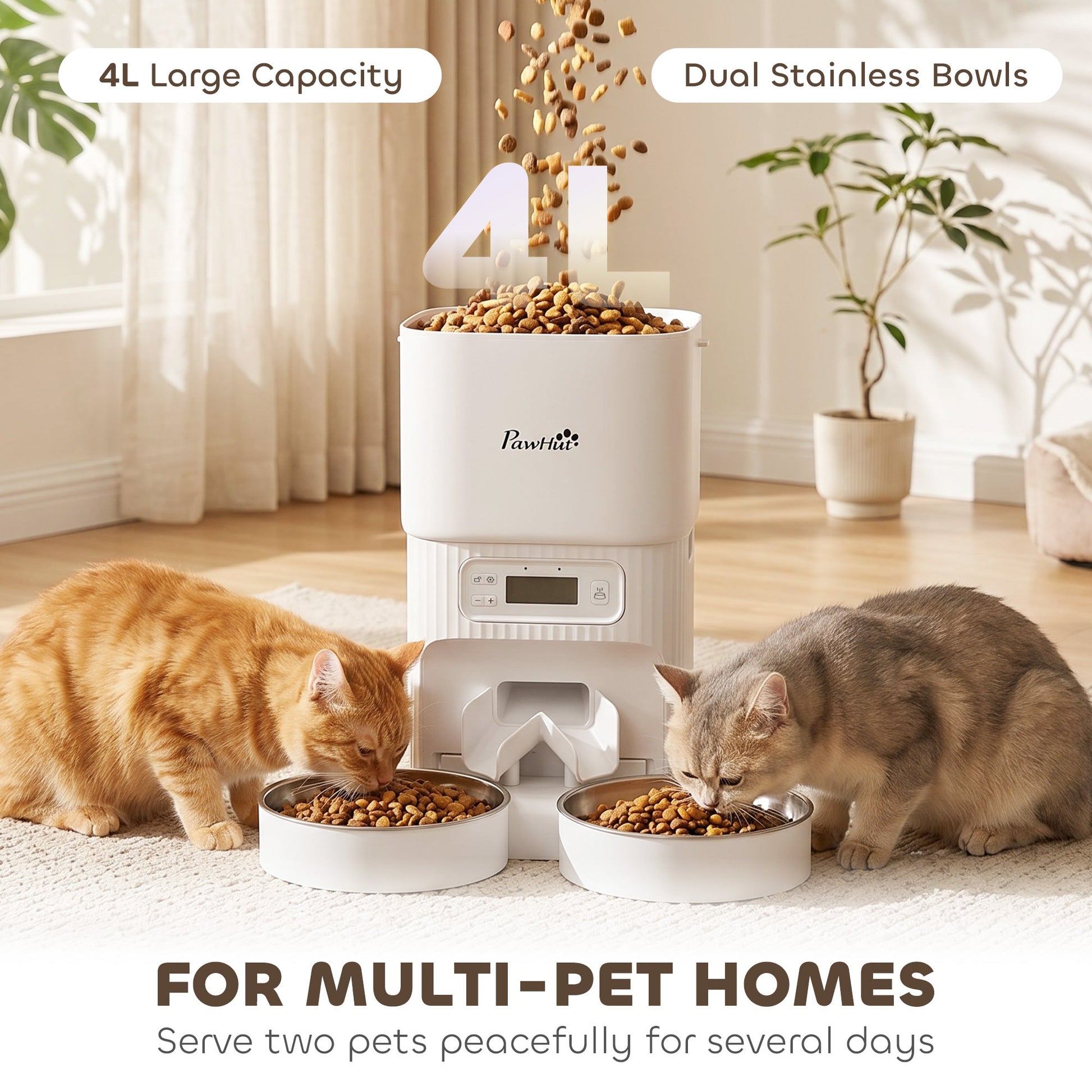 Automatic Cat Feeder with 2 Stainless Steel Bowls, 4L Pet Food Dispenser with Portion Control for 1–6 Meals Daily, Anti-Clogging Design, Dual Power Supply