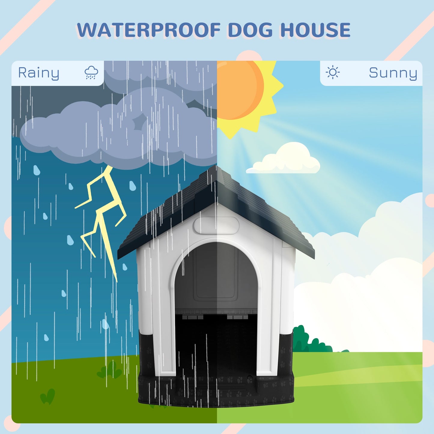 Dog Kennel for Outside, Plastic Dog House, Water-Resistant Pet Shelter with Windows, for Garden Patio, Miniature Dogs, 64.5 x 57 x 66cm - Grey