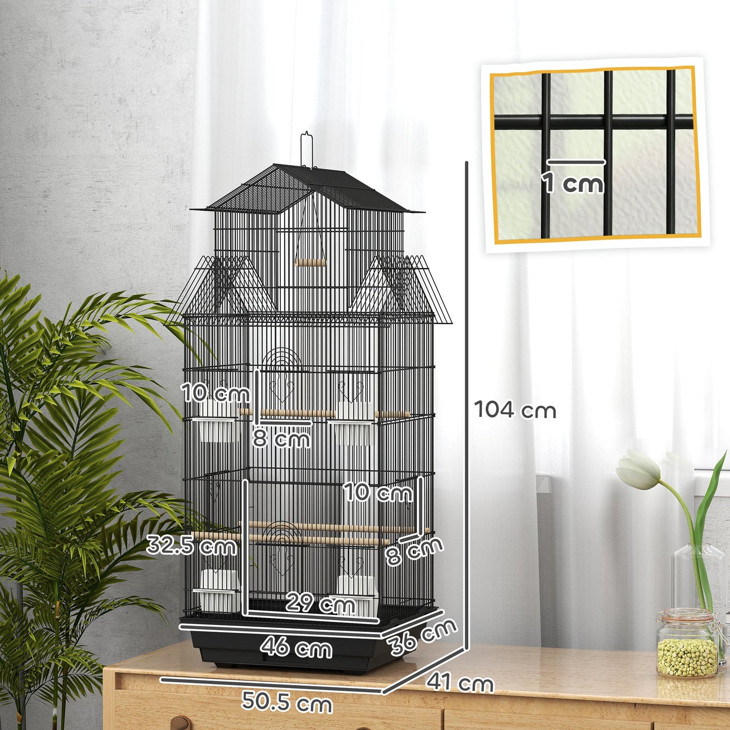 Bird Cage Budgie Cage with Slide Tray Handle for Finch Canary 43 x 32.5 x 104cm, Black