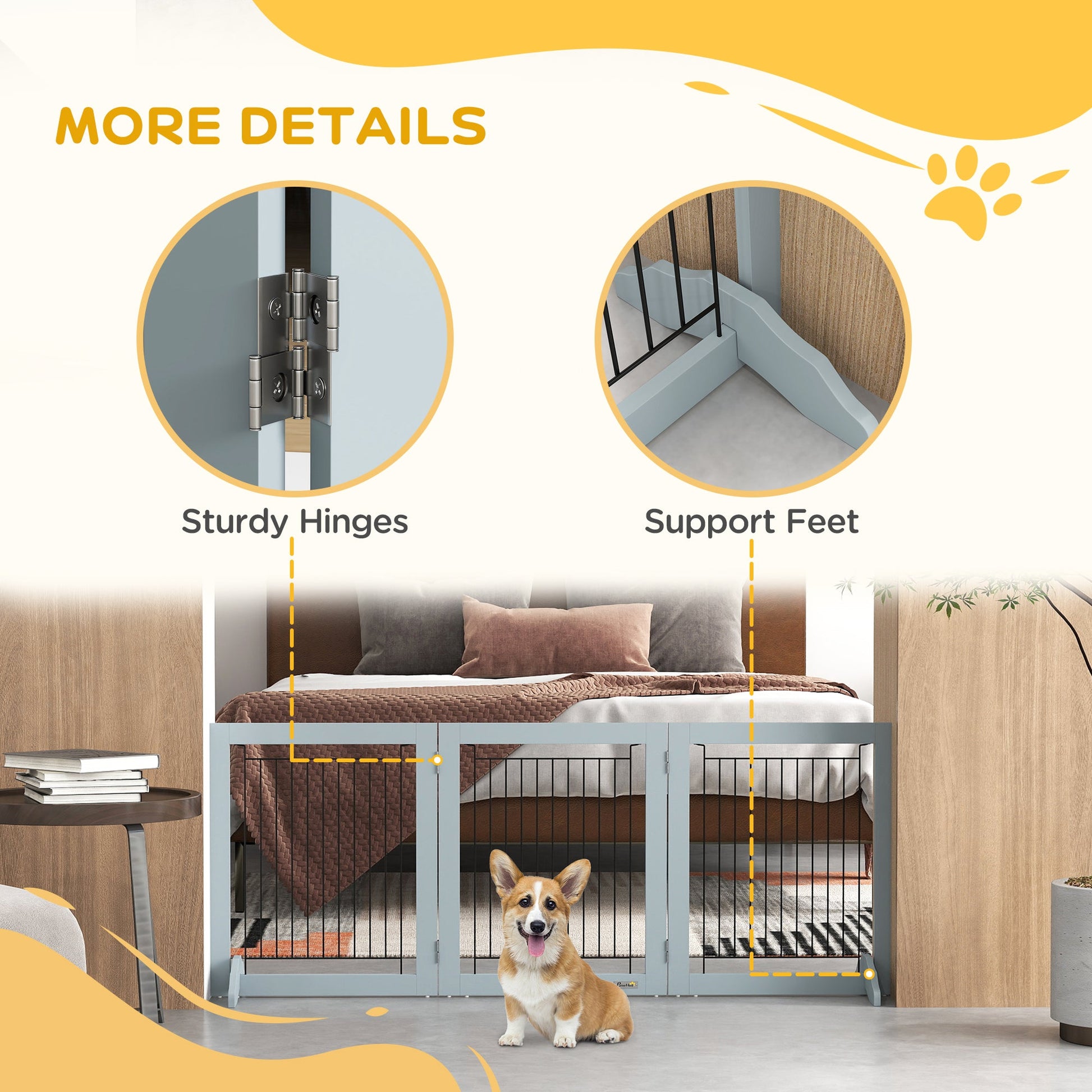 Freestanding Dog Cate, Foldable Wooden Pet Gate with  - 61cm Tall, for Stairways, Doorways, Hallways, Small Dogs - Grey