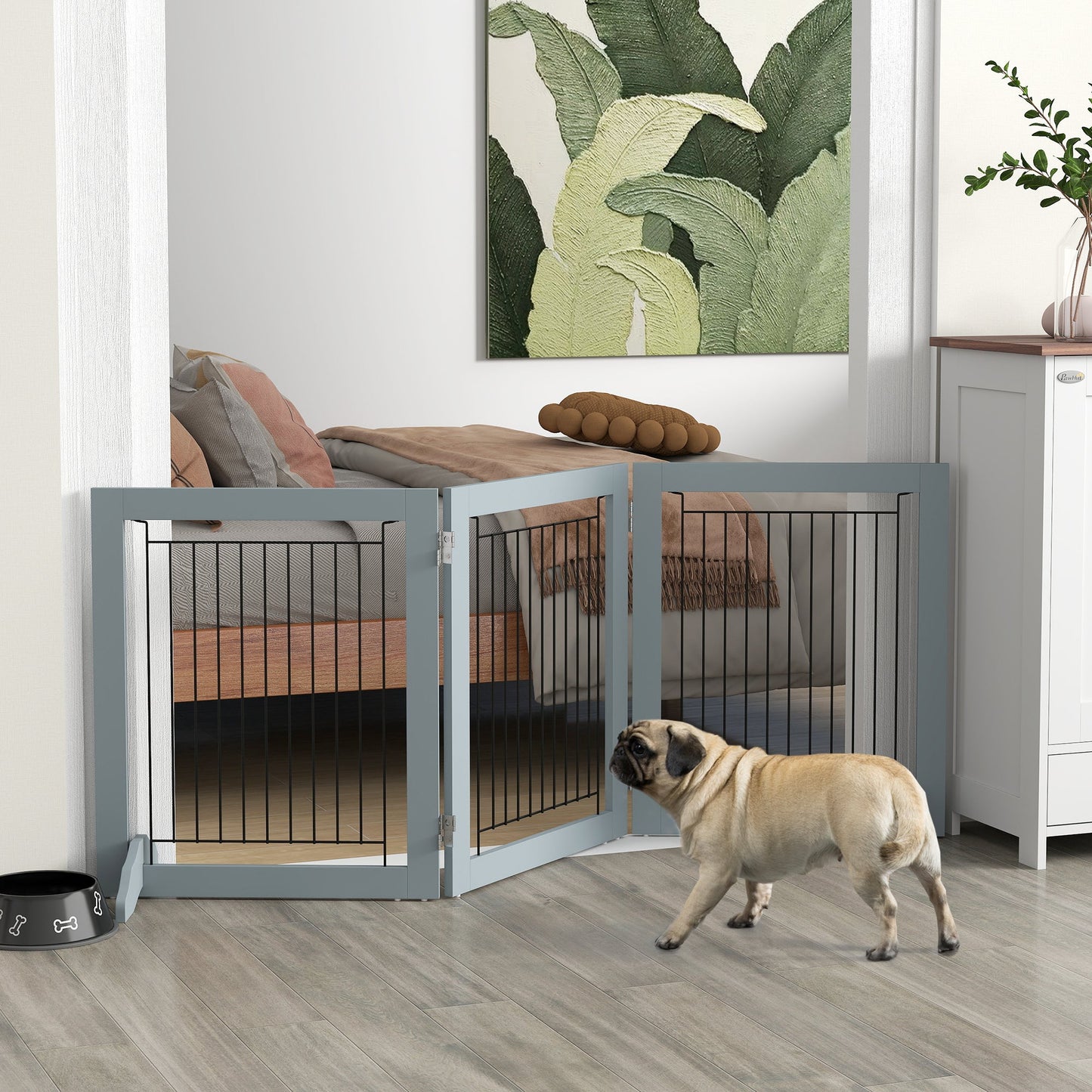 Freestanding Dog Cate, Foldable Wooden Pet Gate with  - 61cm Tall, for Stairways, Doorways, Hallways, Small Dogs - Grey