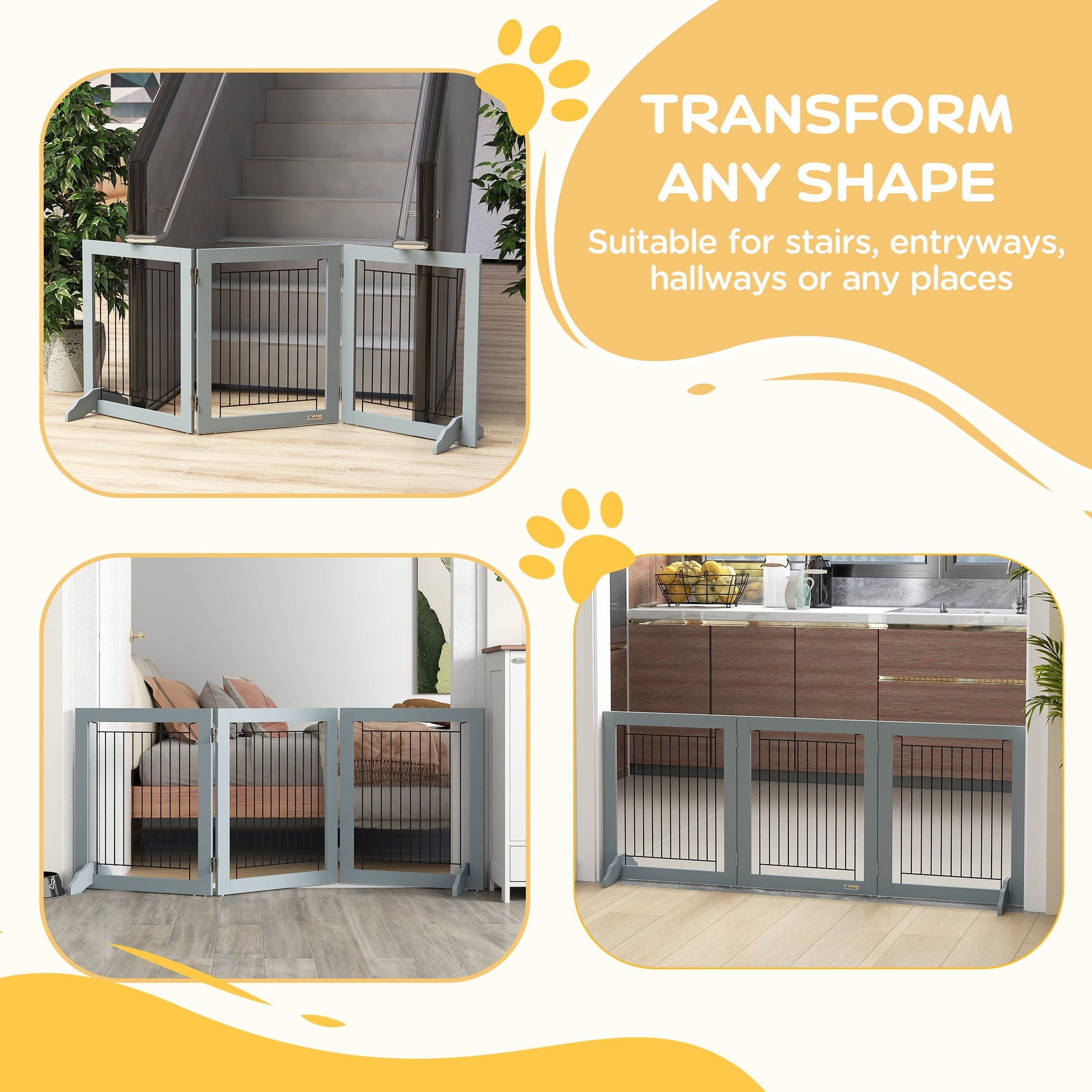 Freestanding Dog Cate, Foldable Wooden Pet Gate with  - 61cm Tall, for Stairways, Doorways, Hallways, Small Dogs - Grey