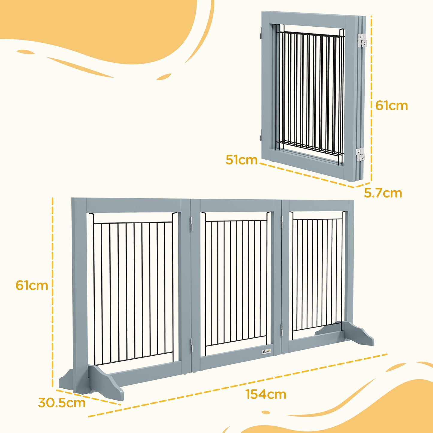 Freestanding Dog Cate, Foldable Wooden Pet Gate with  - 61cm Tall, for Stairways, Doorways, Hallways, Small Dogs - Grey
