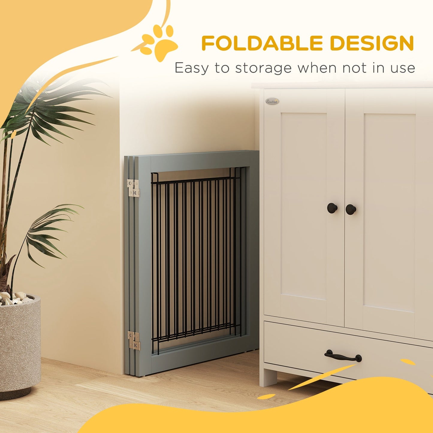 Freestanding Dog Cate, Foldable Wooden Pet Gate with  - 61cm Tall, for Stairways, Doorways, Hallways, Small Dogs - Grey