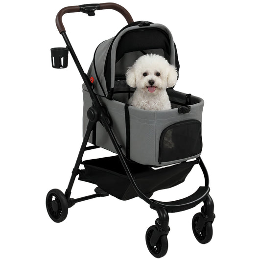 Dog Stroller, 3 in 1 Foldable Pet Stroller for Small Puppy Cat with Detachable Travel Carrier, 4 Wheels Dog Pram with Storage Basket, Seat Leashes, Mesh Window, Grey