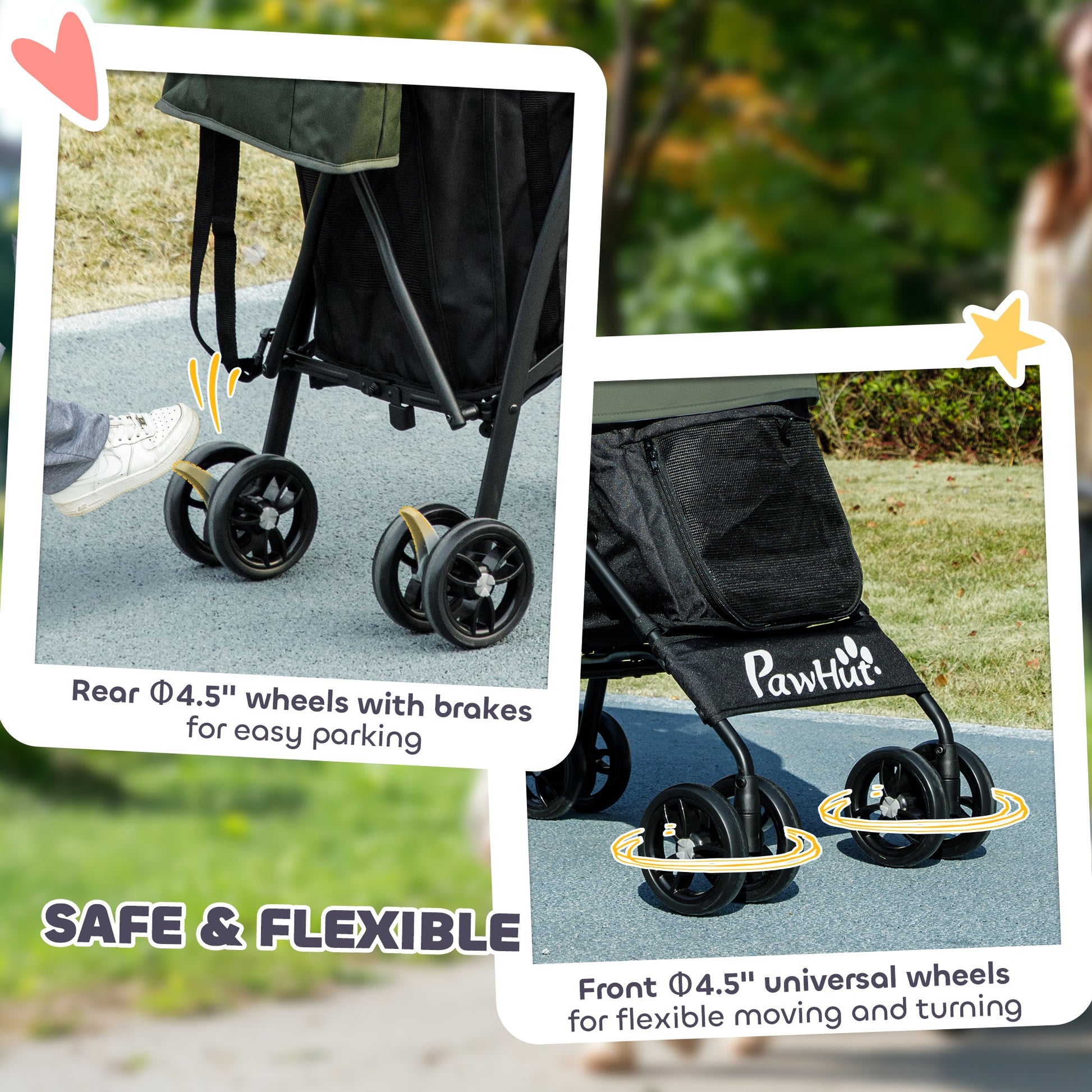 Pet stroller for Miniature Dogs, Foldable Dog Stroller with Shoulder Strap, 4 Wheels Pet Pram with Storage Bag, Cup Holder, Dark Green