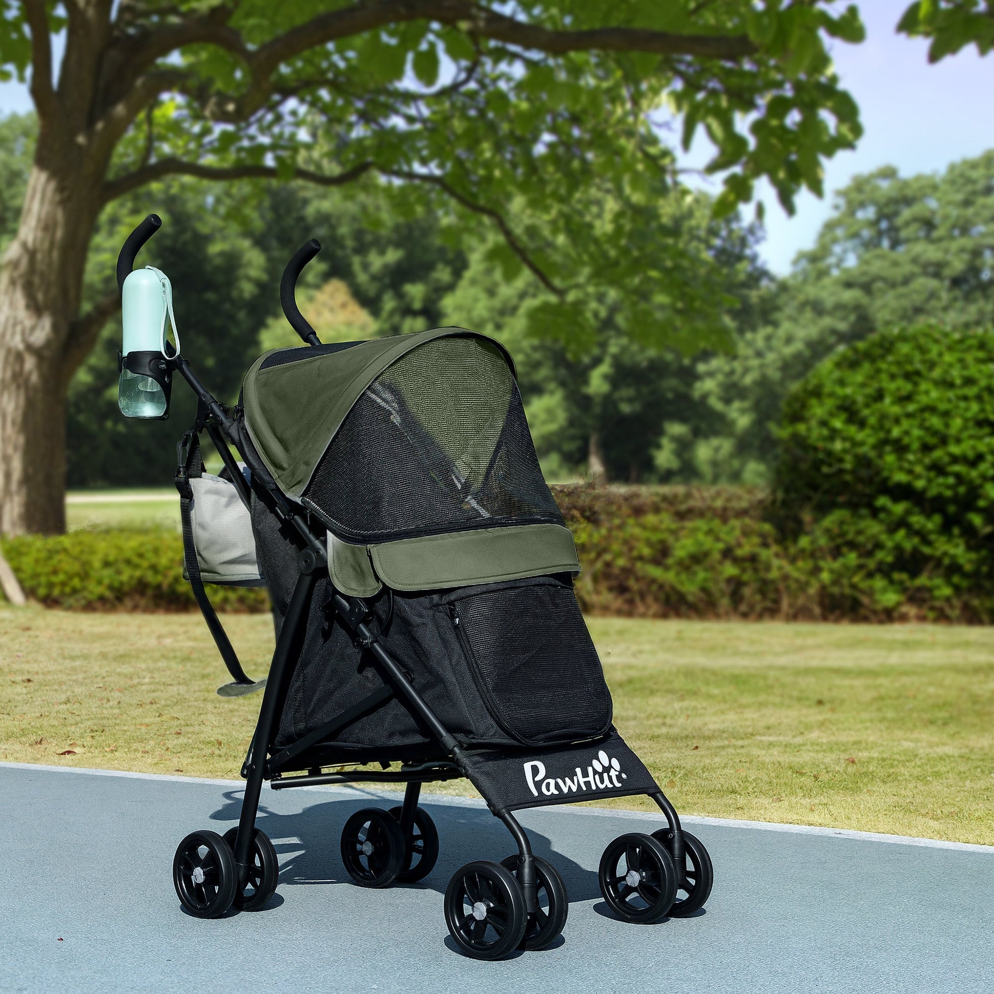 Pet stroller for Miniature Dogs, Foldable Dog Stroller with Shoulder Strap, 4 Wheels Pet Pram with Storage Bag, Cup Holder, Dark Green