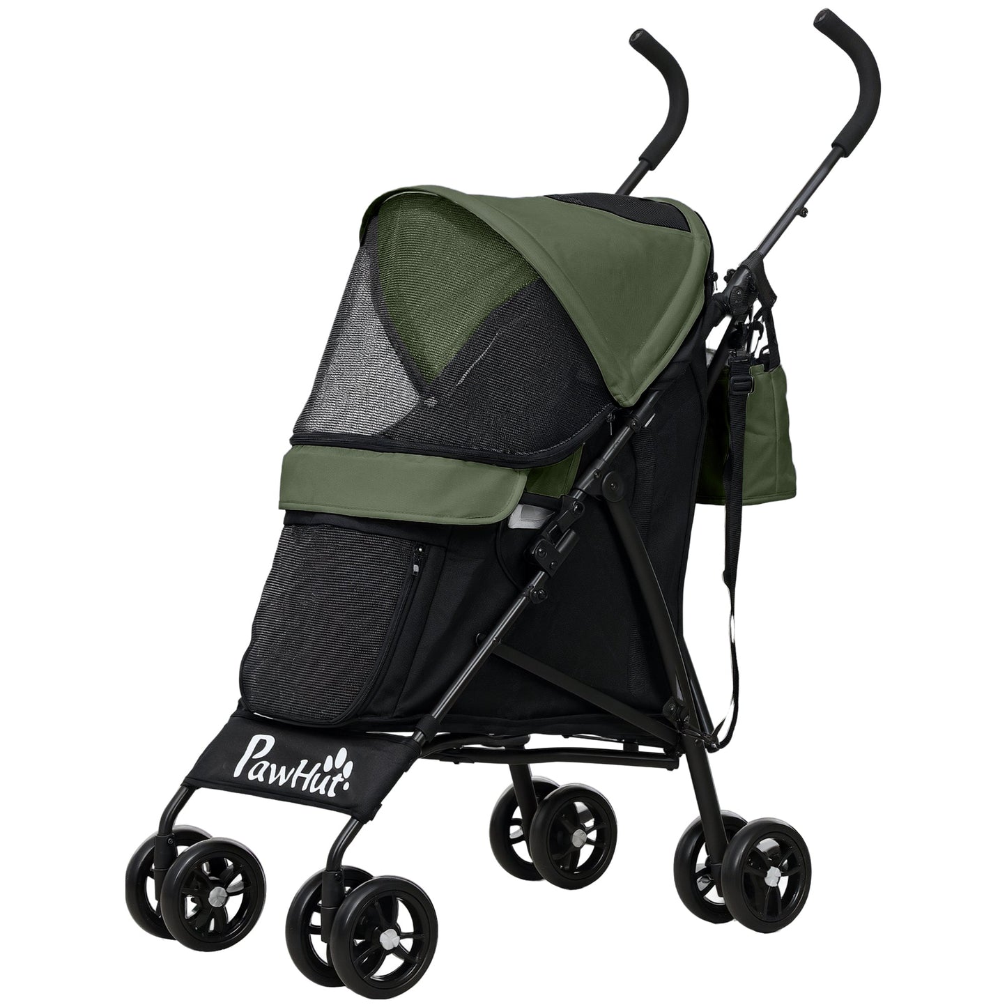 Pet stroller for Miniature Dogs, Foldable Dog Stroller with Shoulder Strap, 4 Wheels Pet Pram with Storage Bag, Cup Holder, Dark Green