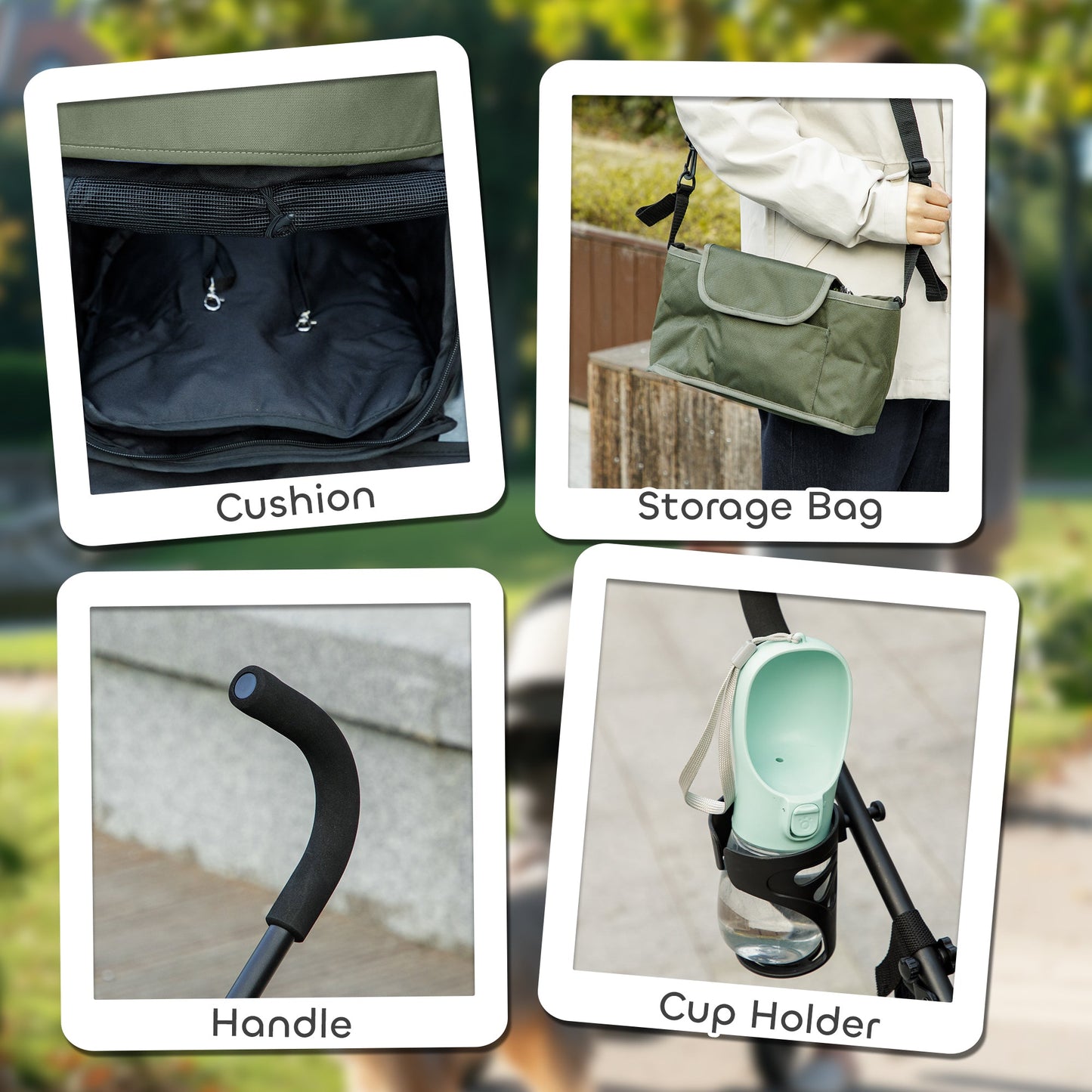 Pet stroller for Miniature Dogs, Foldable Dog Stroller with Shoulder Strap, 4 Wheels Pet Pram with Storage Bag, Cup Holder, Dark Green