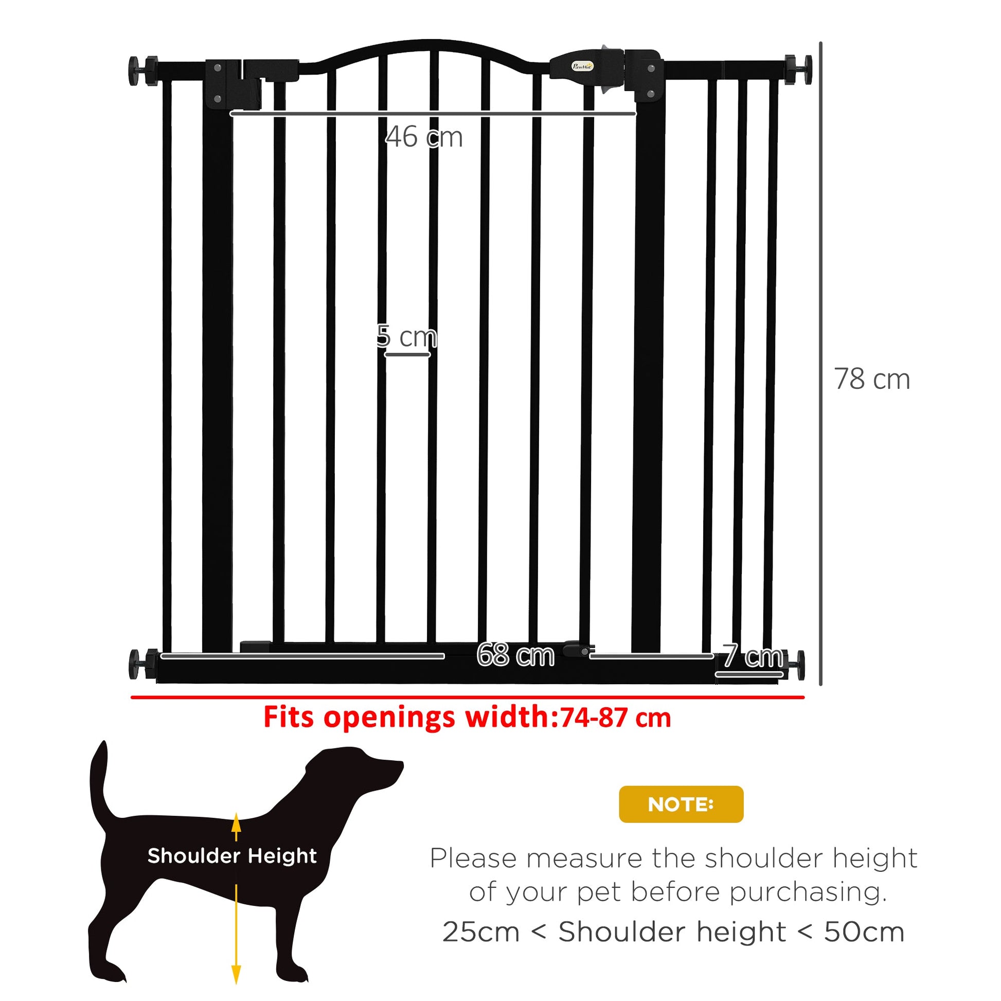 Pressure Fit Dog Stair Gate No Drilling Safety Gate Auto Close for Doorways, Hallways, 74-87cm Adjustable, 78cm Tall, Black