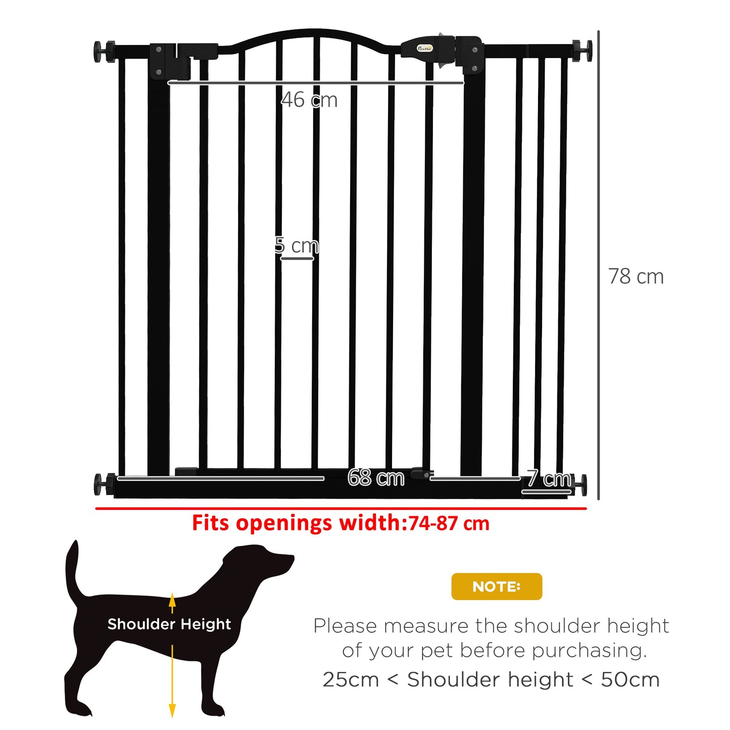 Pressure Fit Dog Stair Gate No Drilling Safety Gate Auto Close for Doorways, Hallways, 74-87cm Adjustable, 78cm Tall, Black