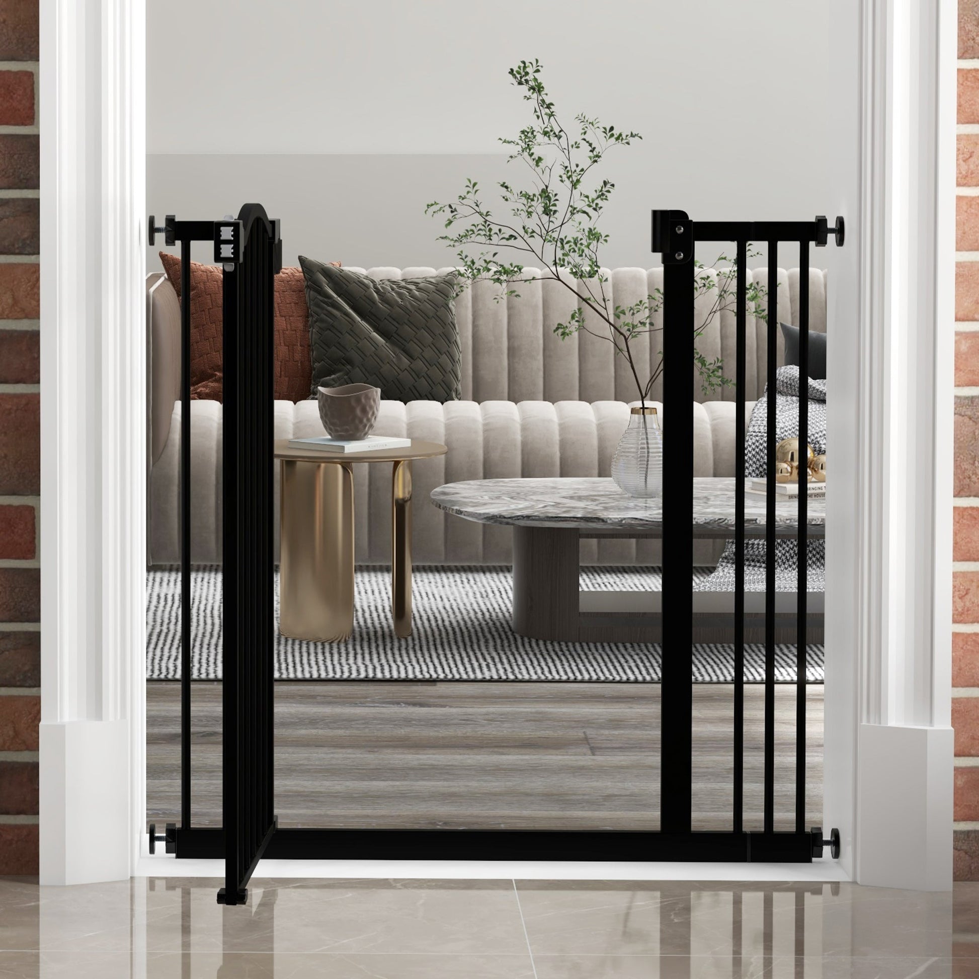 Pressure Fit Dog Stair Gate No Drilling Safety Gate Auto Close for Doorways, Hallways, 74-87cm Adjustable, 78cm Tall, Black