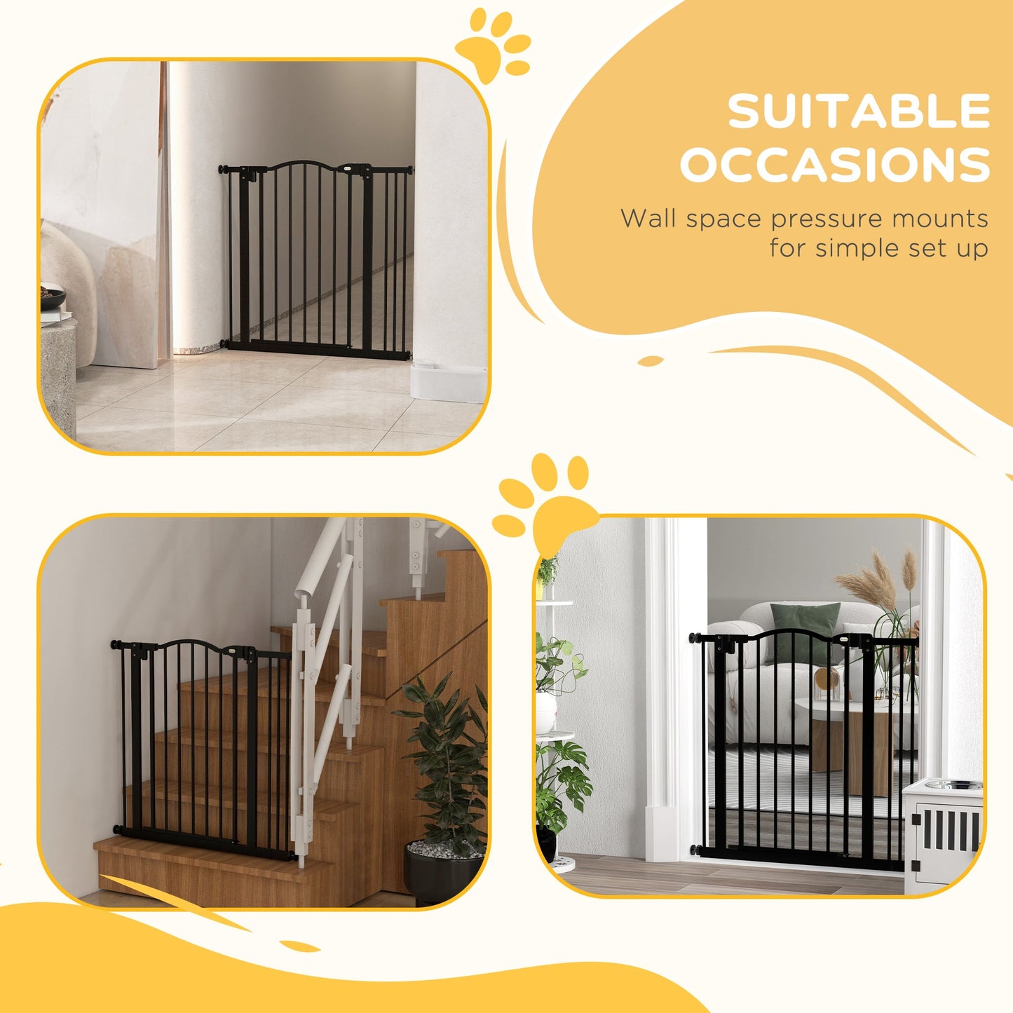Pressure Fit Dog Stair Gate No Drilling Safety Gate Auto Close for Doorways, Hallways, 74-87cm Adjustable, 78cm Tall, Black