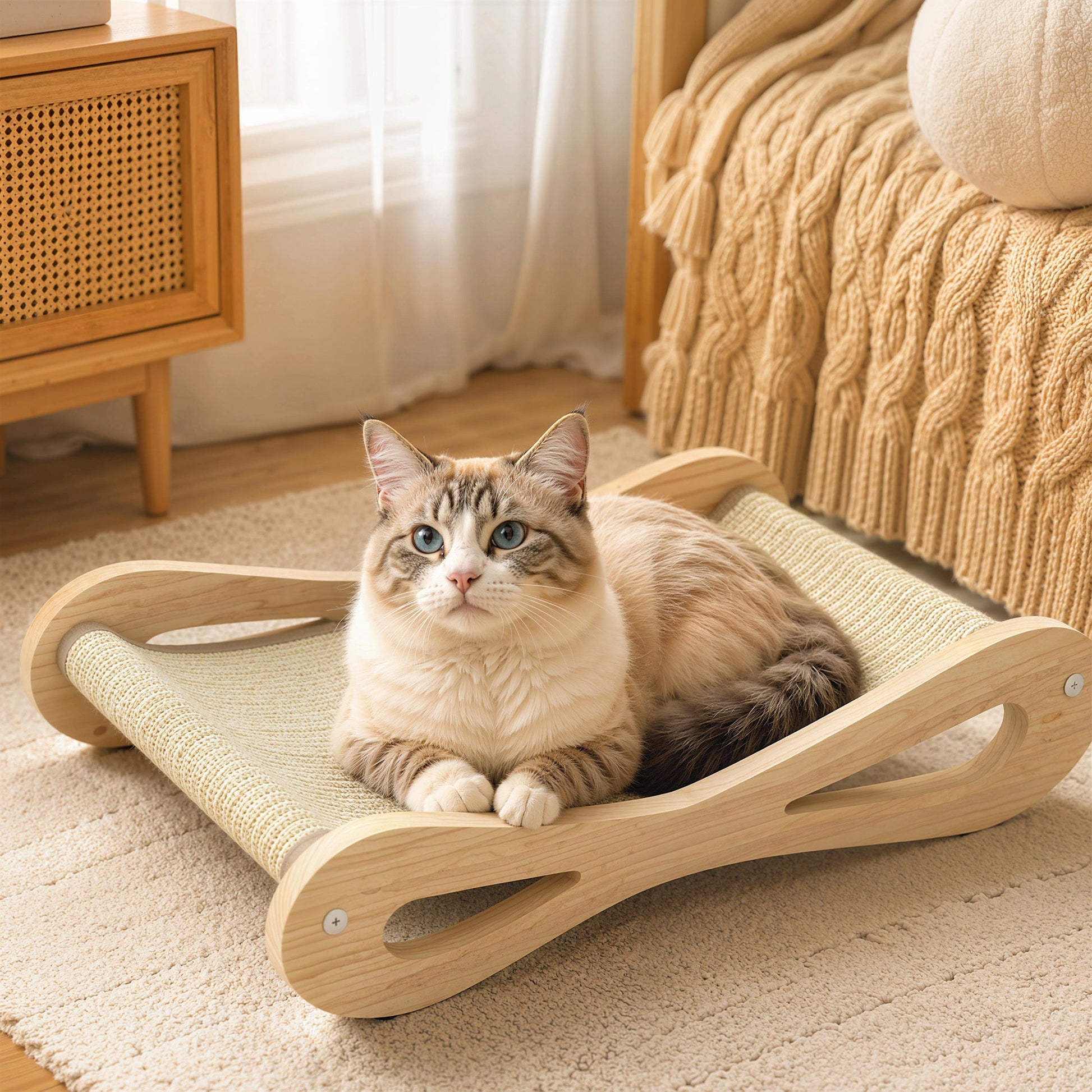 2 in 1 Sisal Cat Scratcher Bed, Pine Wood Cat Scratching Board and Lounger for Indoor Pets, Anti-Slip Pet Furniture, 60 x 35 x 13 cm, Cream White