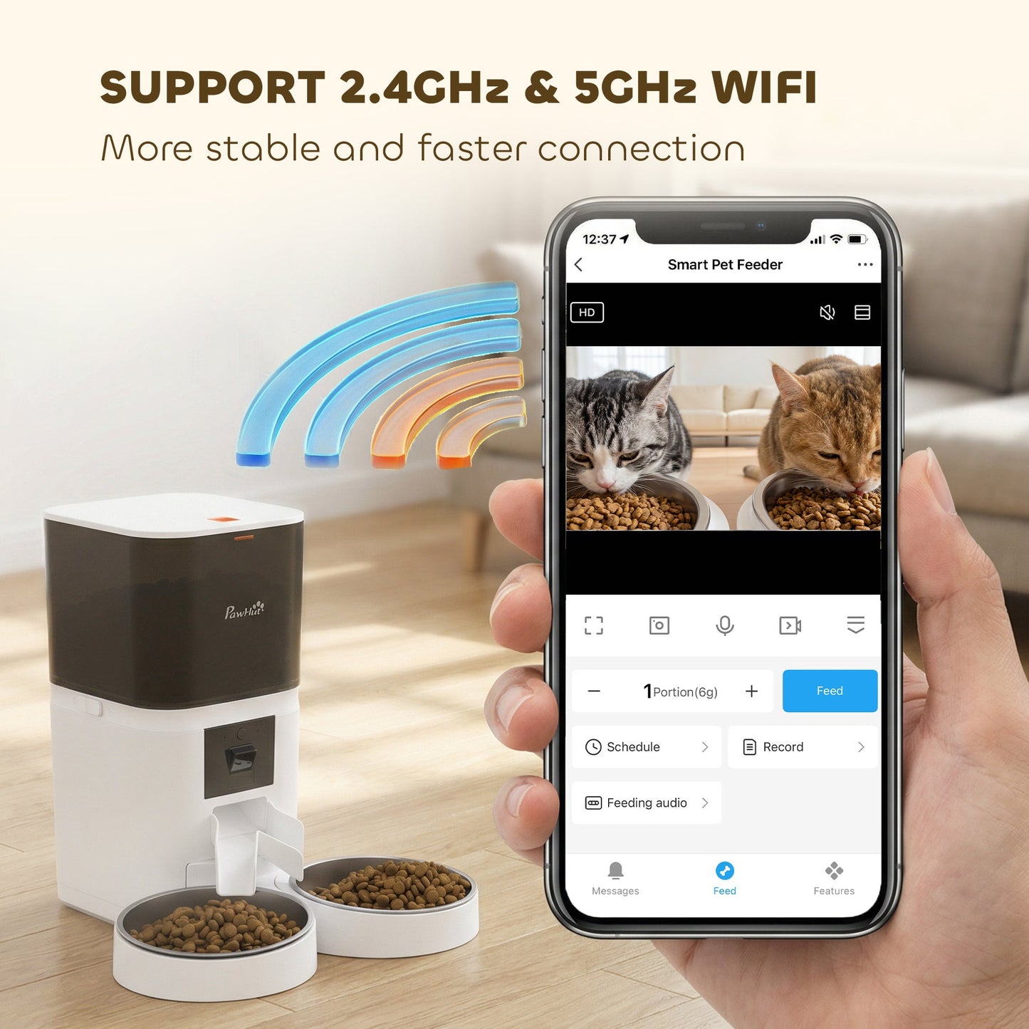 Automatic Cat Feeder with HD Camera for 2 Cats, 6L 2.4G/5G WiFi Smart Pet Food Dispenser with App Control, Timed Pet Feeder with 1-10 Meals Per Day, 10s Voice Recorder, Dual Power Supply