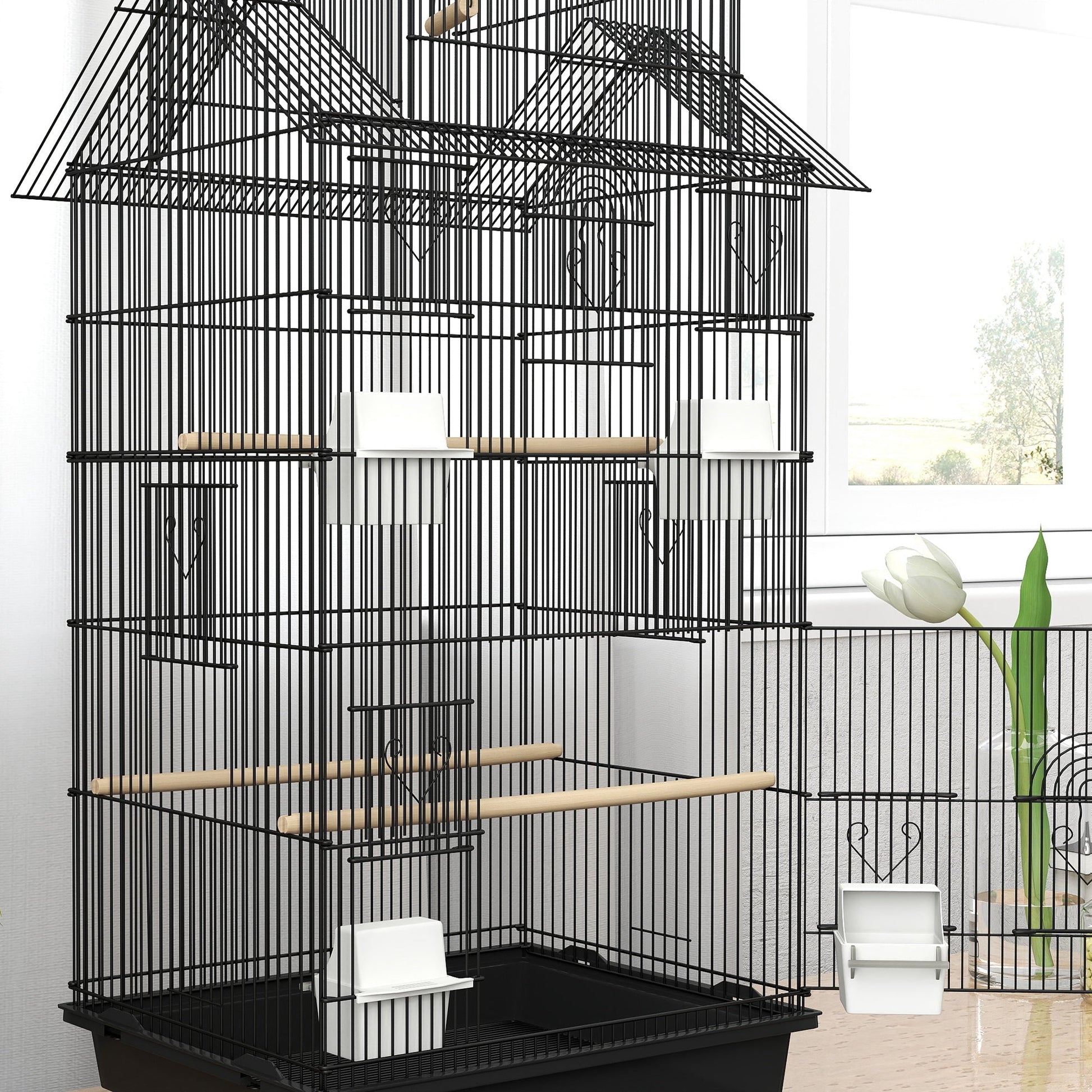 Bird Cage Budgie Cage with Slide Tray Handle for Finch Canary 43 x 32.5 x 104cm, Black
