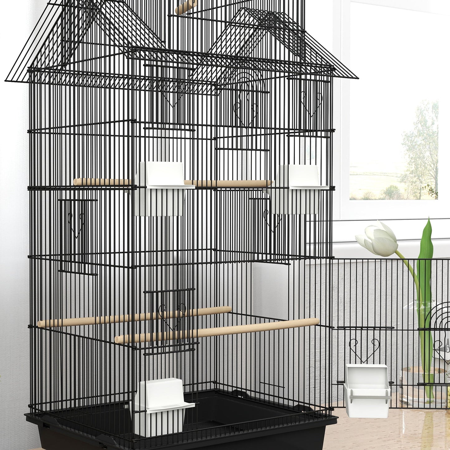 Bird Cage Budgie Cage with Slide Tray Handle for Finch Canary 43 x 32.5 x 104cm, Black