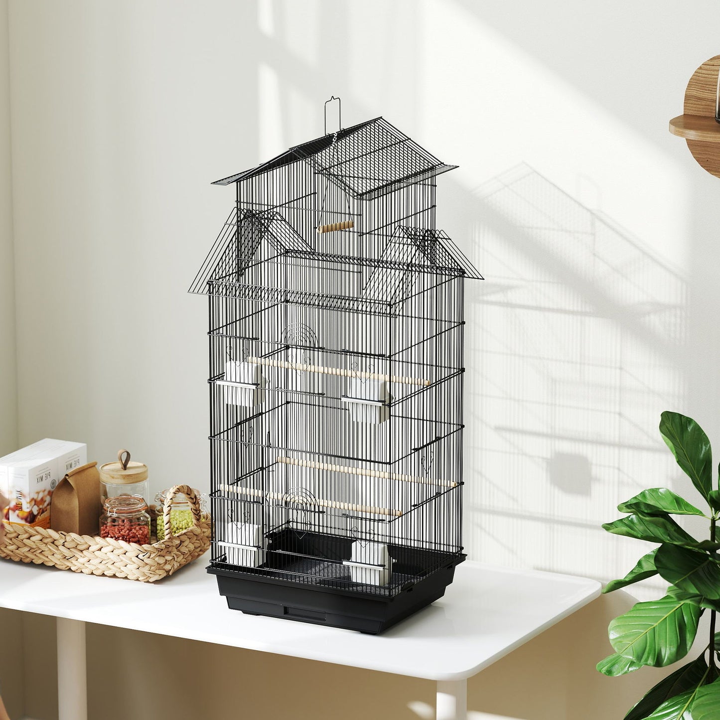 Bird Cage Budgie Cage with Slide Tray Handle for Finch Canary 43 x 32.5 x 104cm, Black