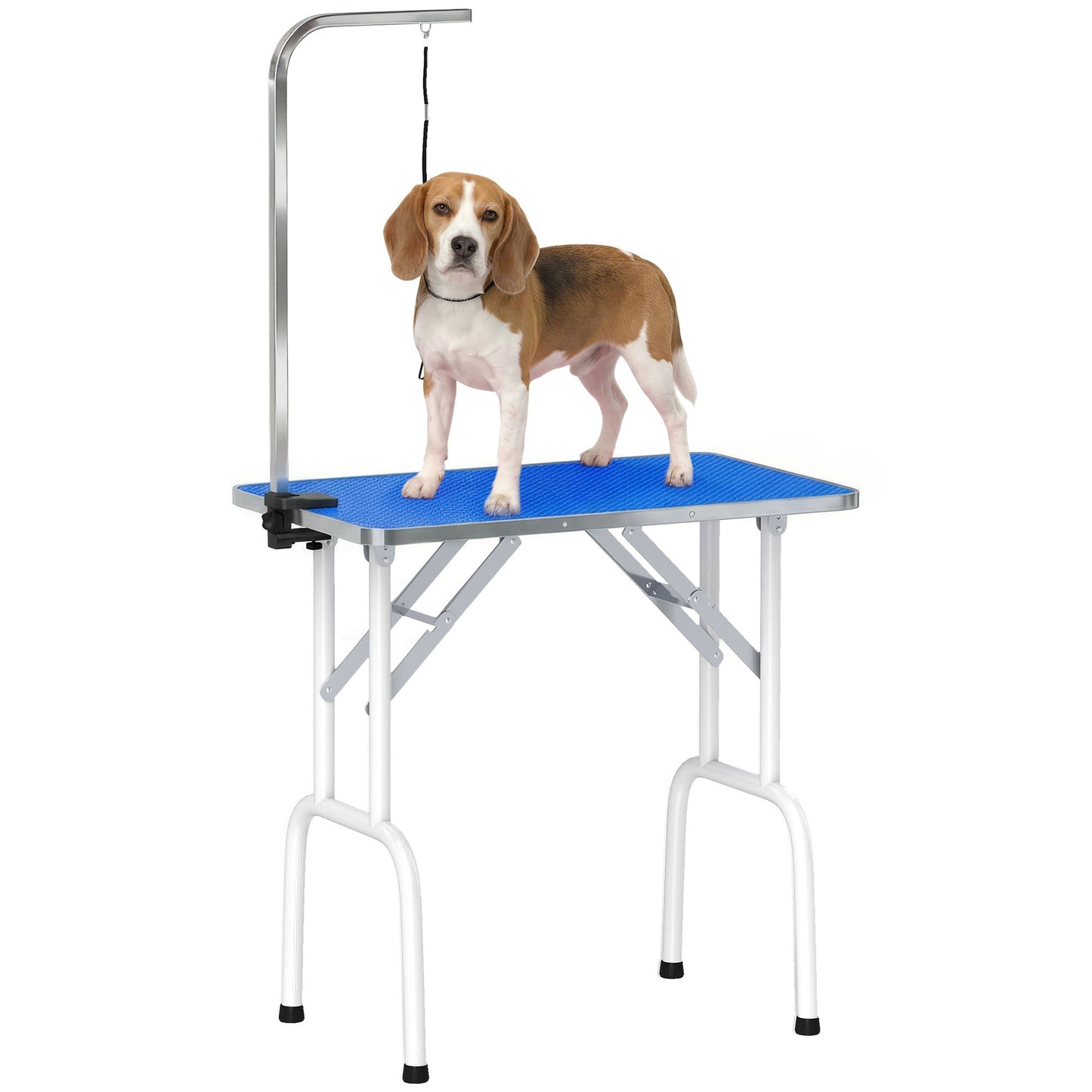 Foldable Dog Grooming Table, 32" Portable Pet Grooming Table with Height Adjustable Arm and Anti-Slip Rubber Top for Small Medium Dogs and Cats, Blue