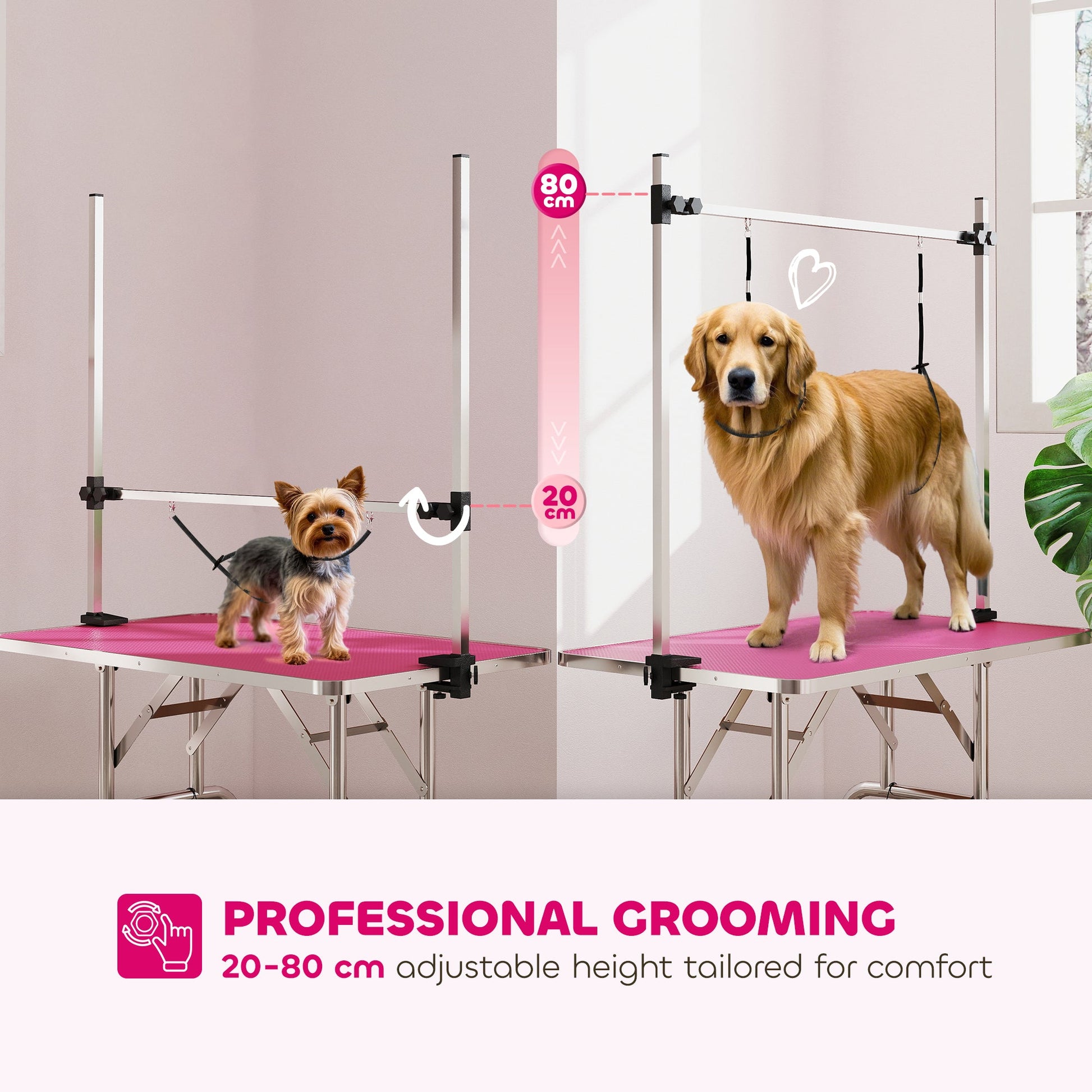 42" Foldable Dog Grooming Table Adjustable Pet Cat Drying Beauty Table Rubber Top with 2 Loops Storage Basket Metal Pink