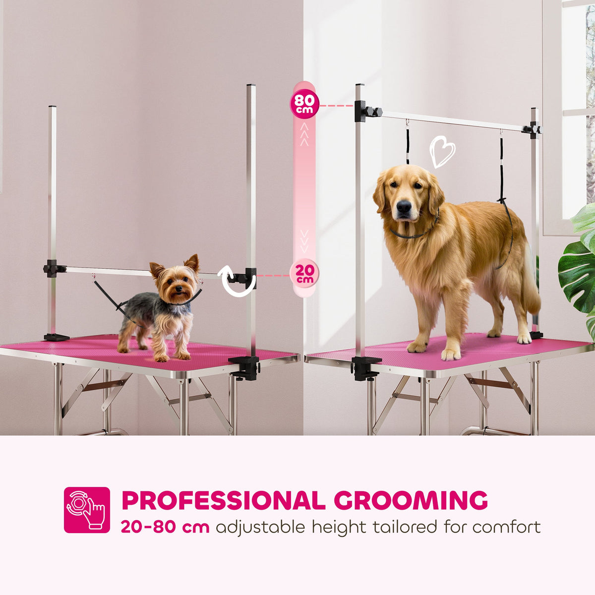42" Foldable Dog Grooming Table Adjustable Pet Cat Drying Beauty Table Rubber Top with 2 Loops Storage Basket Metal Pink
