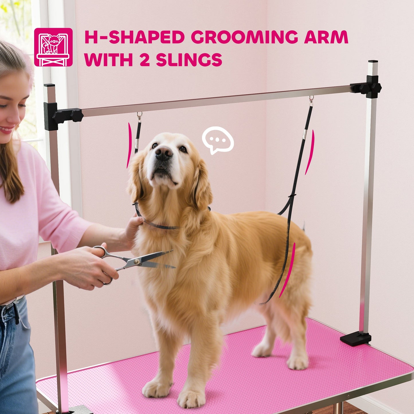 42" Foldable Dog Grooming Table Adjustable Pet Cat Drying Beauty Table Rubber Top with 2 Loops Storage Basket Metal Pink