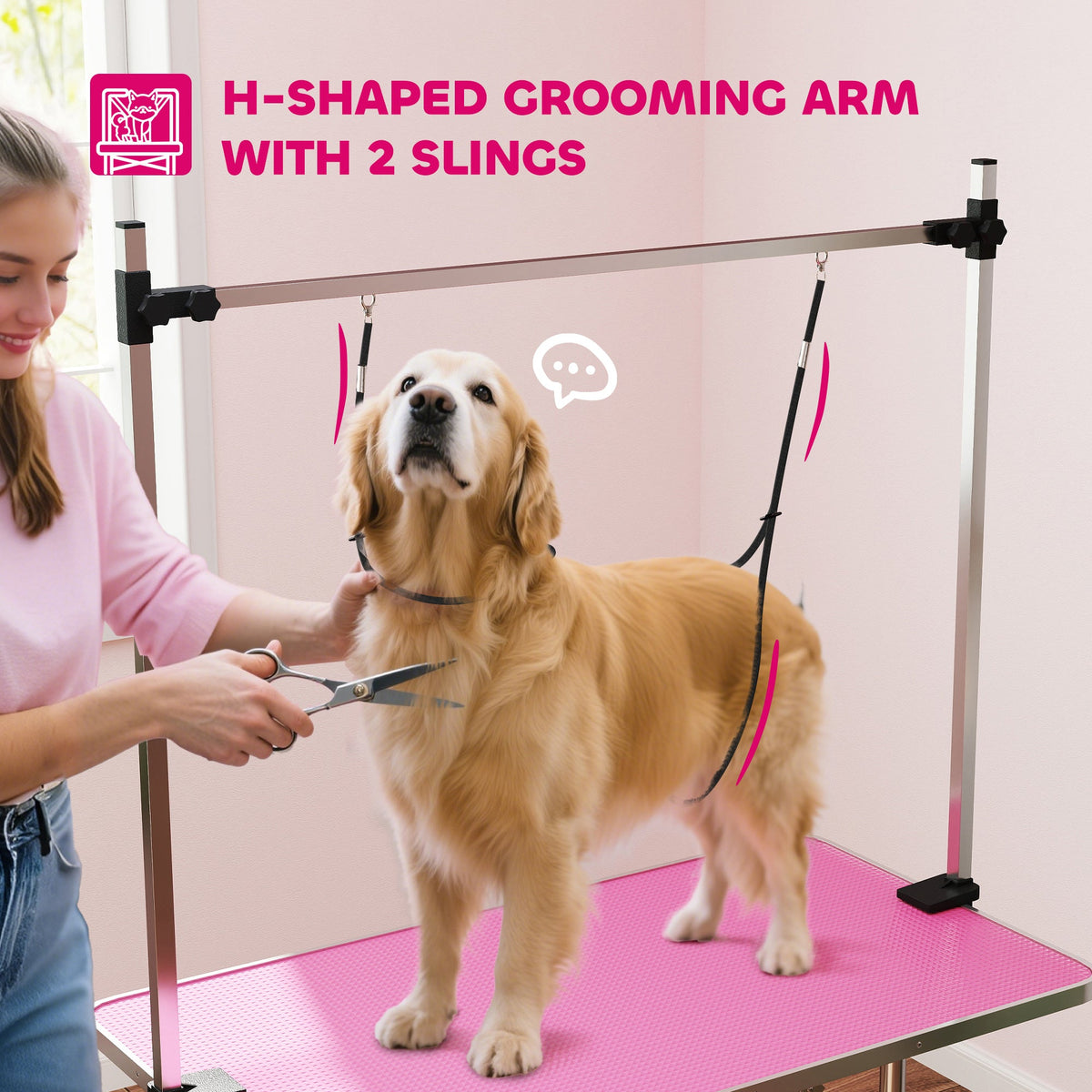 42" Foldable Dog Grooming Table Adjustable Pet Cat Drying Beauty Table Rubber Top with 2 Loops Storage Basket Metal Pink